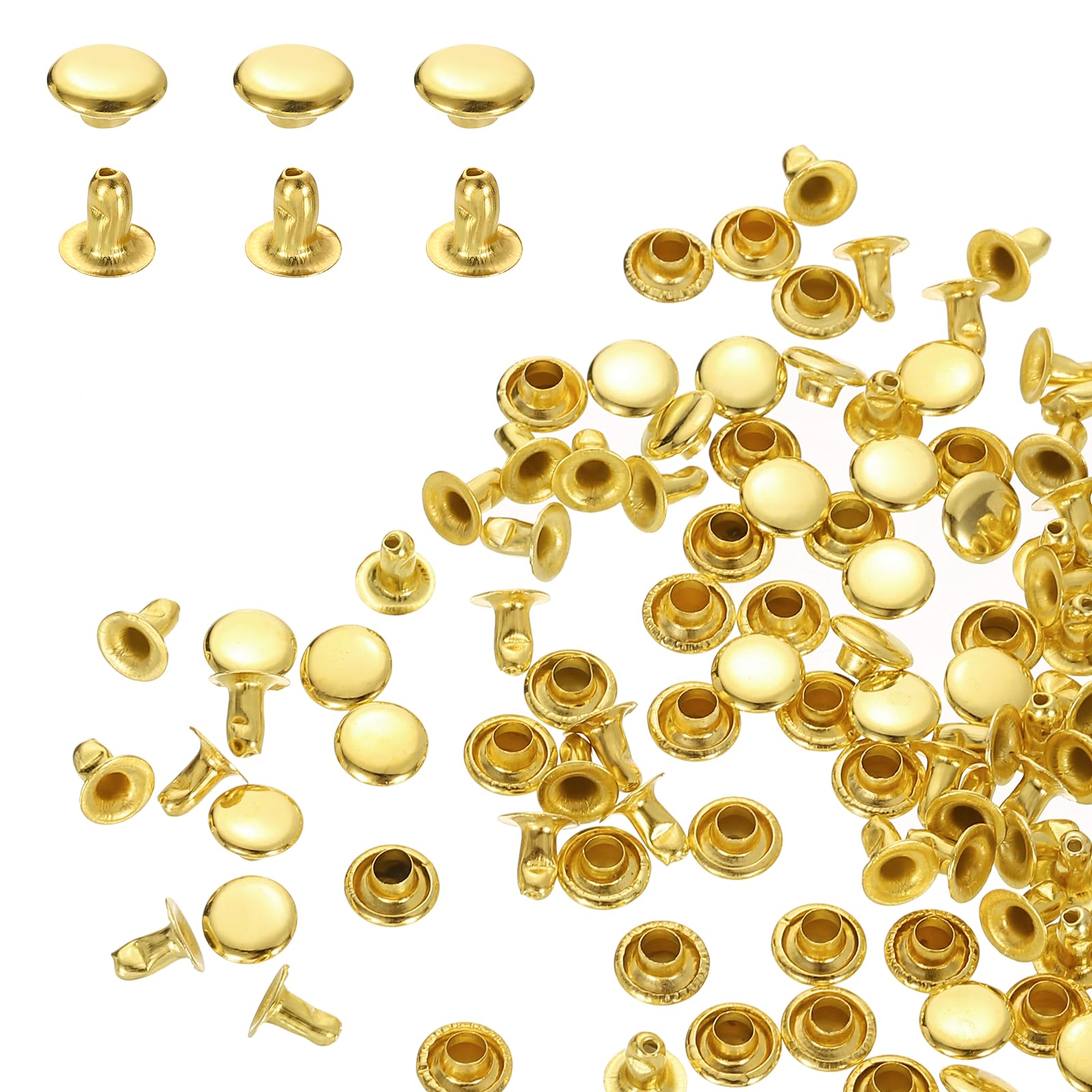 sourcing map 200 Sets Single Cap Rivets 7mm Carbon Steel Round Head Snaps Studs Fasteners Tubular Metal Studs for Leather Craft Repairs Decoration, Gold