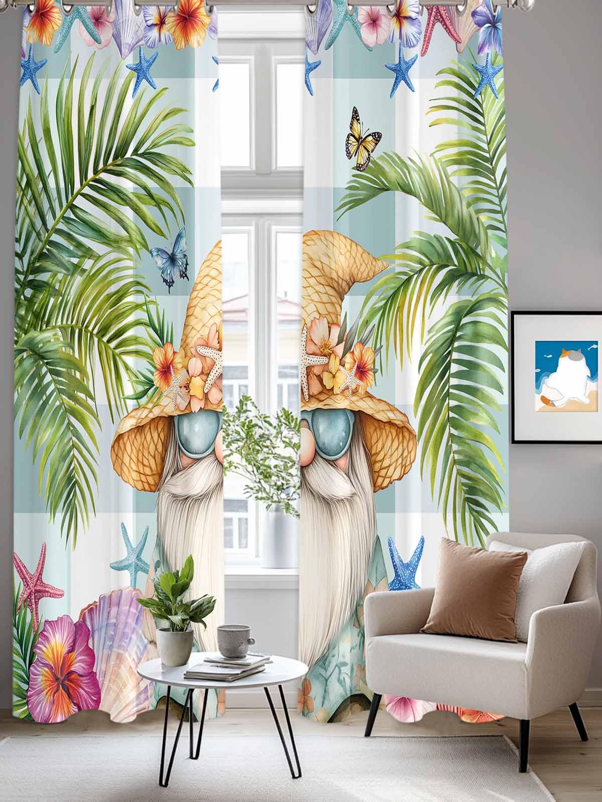 Palm Tree Window Curtains Panels with Silver Grommet,Butterfly Gnomes Coastal Starfish Shell Plaid Kitchen Cafe Curtain Draperies Window Treatment Set for Living Room/Bedroom/Bathroom/Cafe,84x84