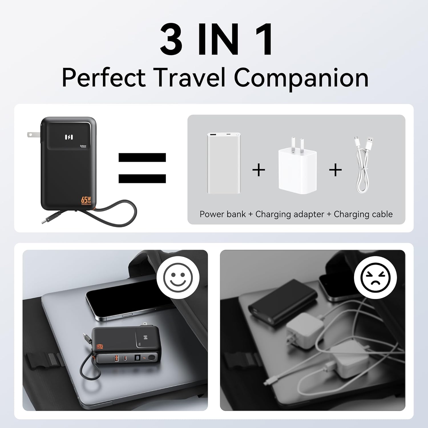 Selore&S-Global 3 in 1 Portable Phone Charger with Wall Plug, 10000mAh USB C Power Bank with Built in Cable, 35W Portable Battery Pack for iPhone Samsung Android & 65W Wall Charger for Laptop MacBook - Image 3