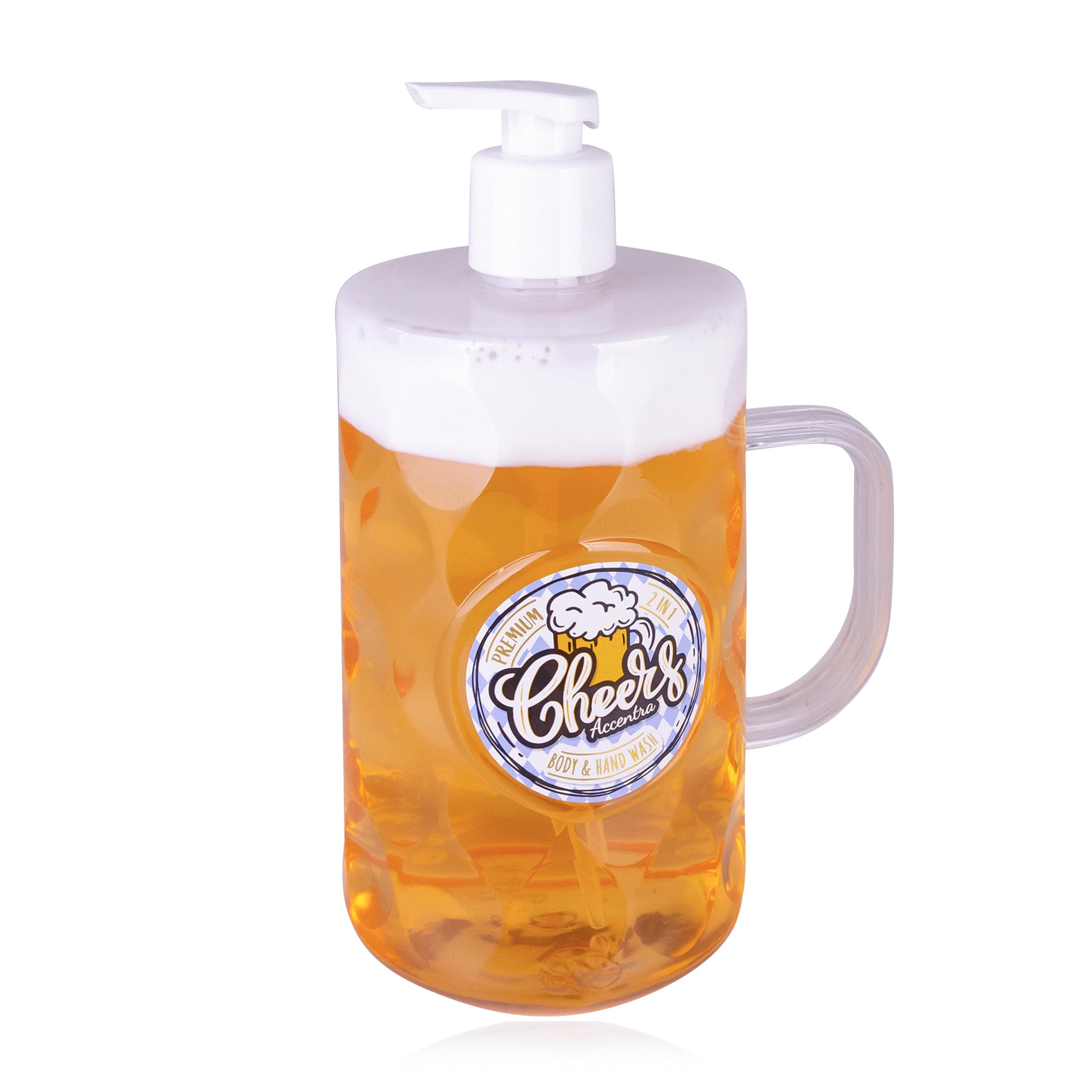 Accentra Dispenser 2in1 Sapone Liquido Mani & Gel Doccia a Forma di Boccale di Birra, Look Birra, 720 ml con Dosatore Schiuma, Profumo Betulla & Cedro, Idea Regalo per Uomini e Amanti della Birra