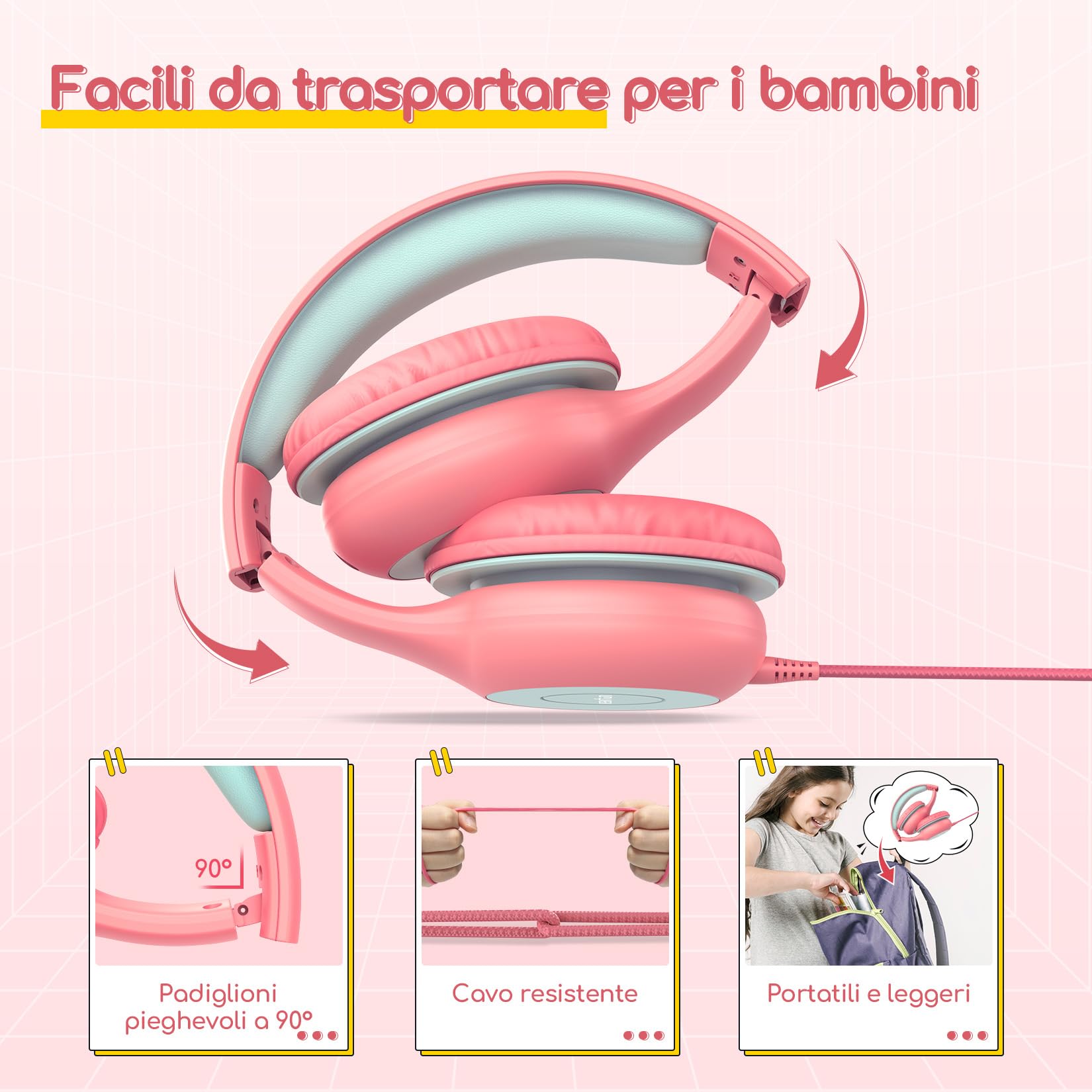 EarFun Cuffie Bambini con Micro, Jack 3.5mm, Confezione da 3, Blu&Rosa&Nero | 85/94dB Volume Limited, Funzione di Condivisione, Pieghevoli e Regolabili, per Scuola/Viaggio/Didattica Online