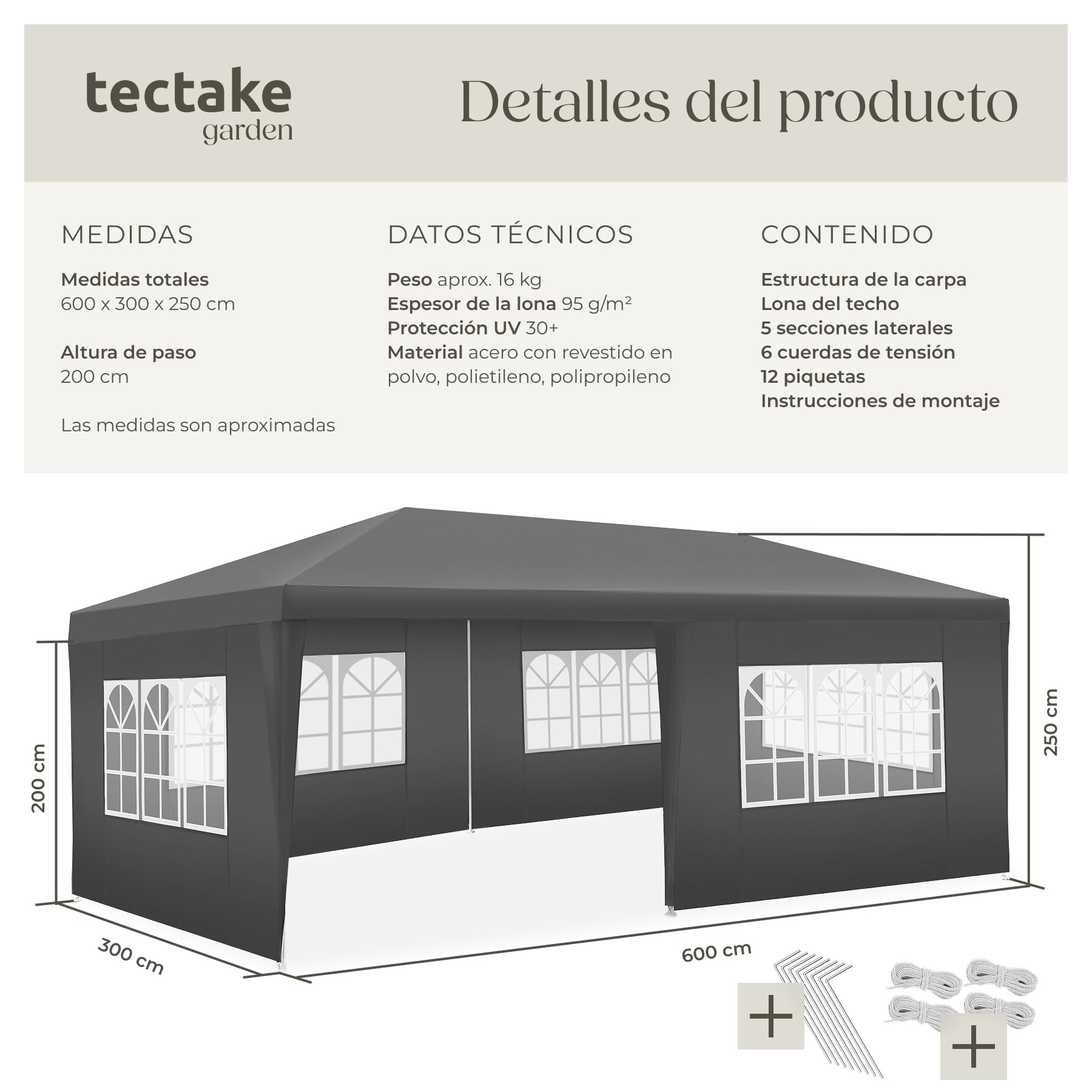 tectake® Carpa Desmontable 3x6 m, con 5 Paneles Laterales Desmontables, Protección a la Intemperie, Cenadores para Jardin, Playa, Cuerdas Tensoras y Piquetas, Carpas para Exteriores - Gris