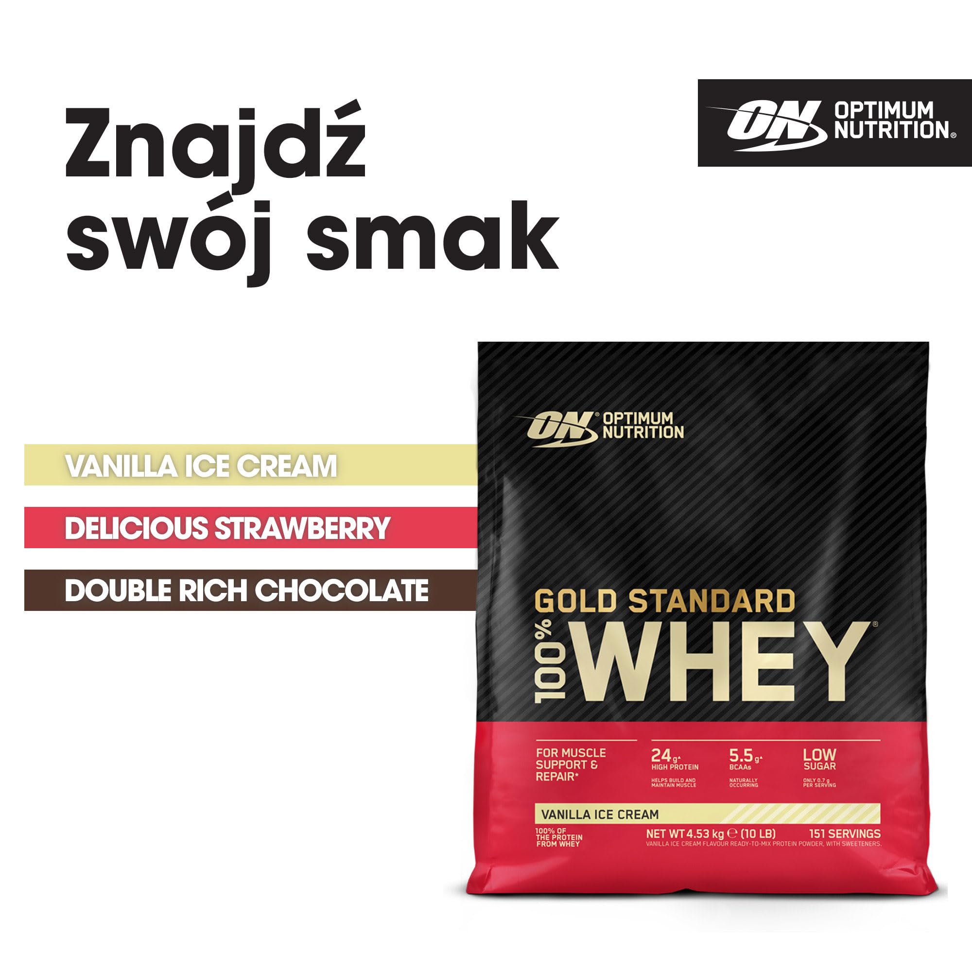 Optimum Nutrition Gold Standard 100% Whey, Koncentrat Białka Serwatkowego, Izolat i Hydrolizat Serwatki, BCAA, Glutamina, Wzrost i Naprawa Mięśni, Smak Lody Waniliowe, 151 porcji, 4,53 kg