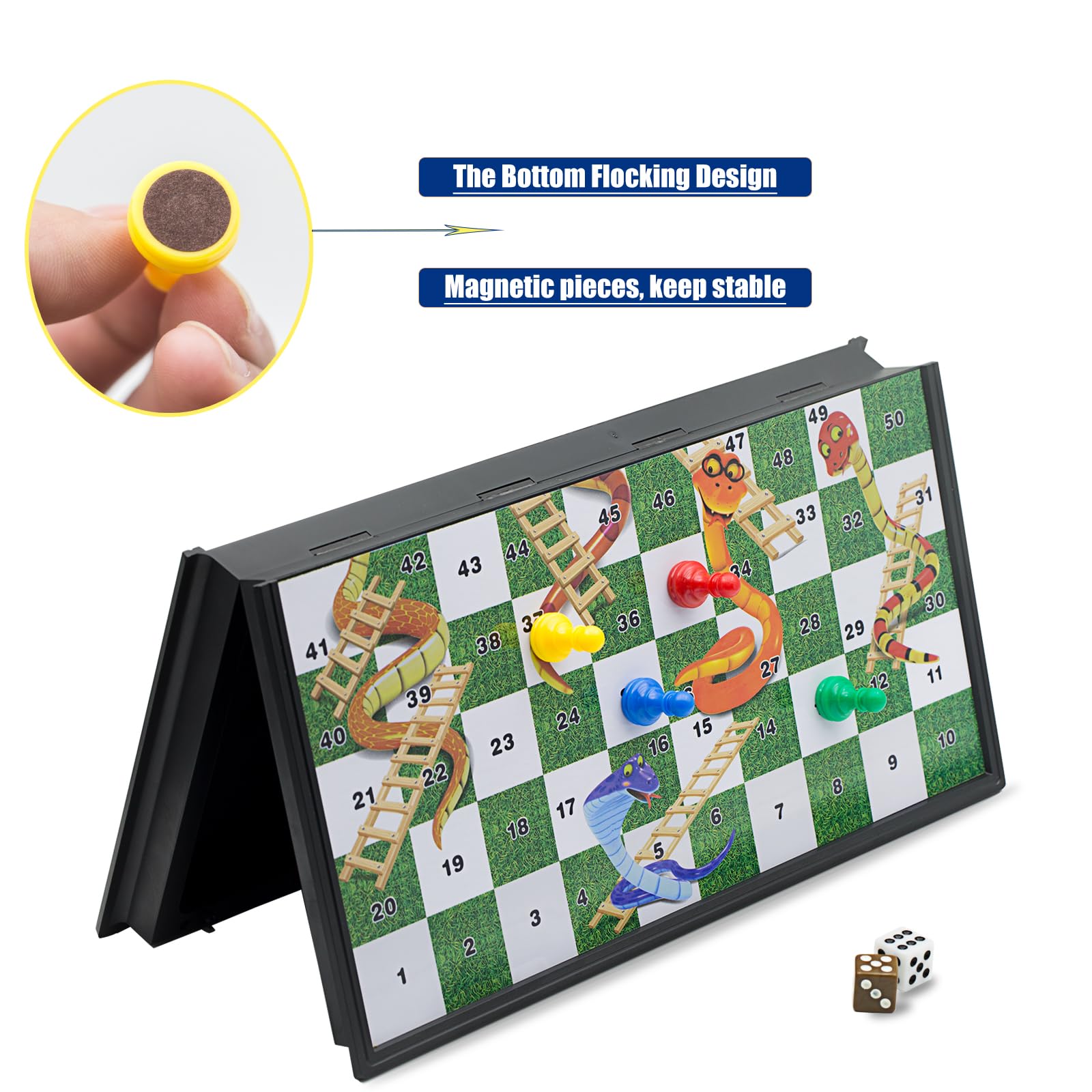 KOKOSUN Snakes and Ladders Board Game Set -32 Centimeters, Magnetic Folding Travel Board Game for Kids, Multi-color - Image 3