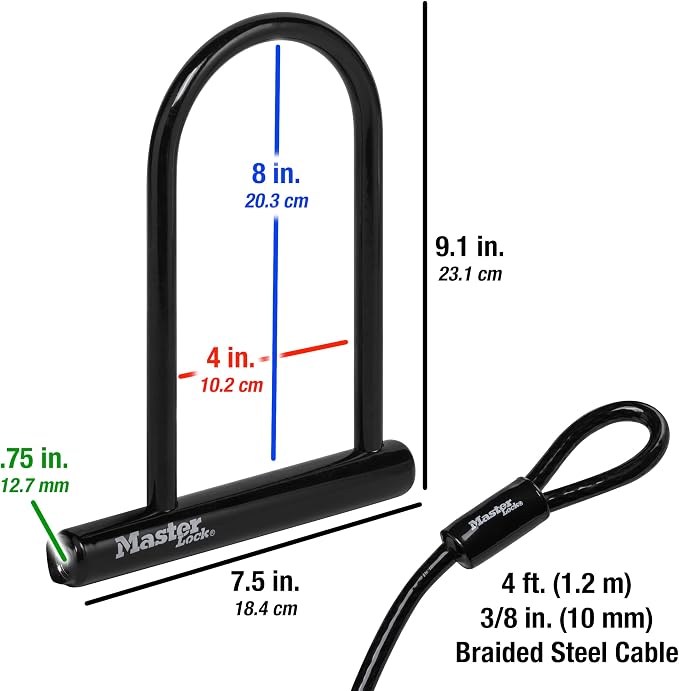 Candado U para bicicleta Master Lock 7.25" con cable 4' miniatura 2