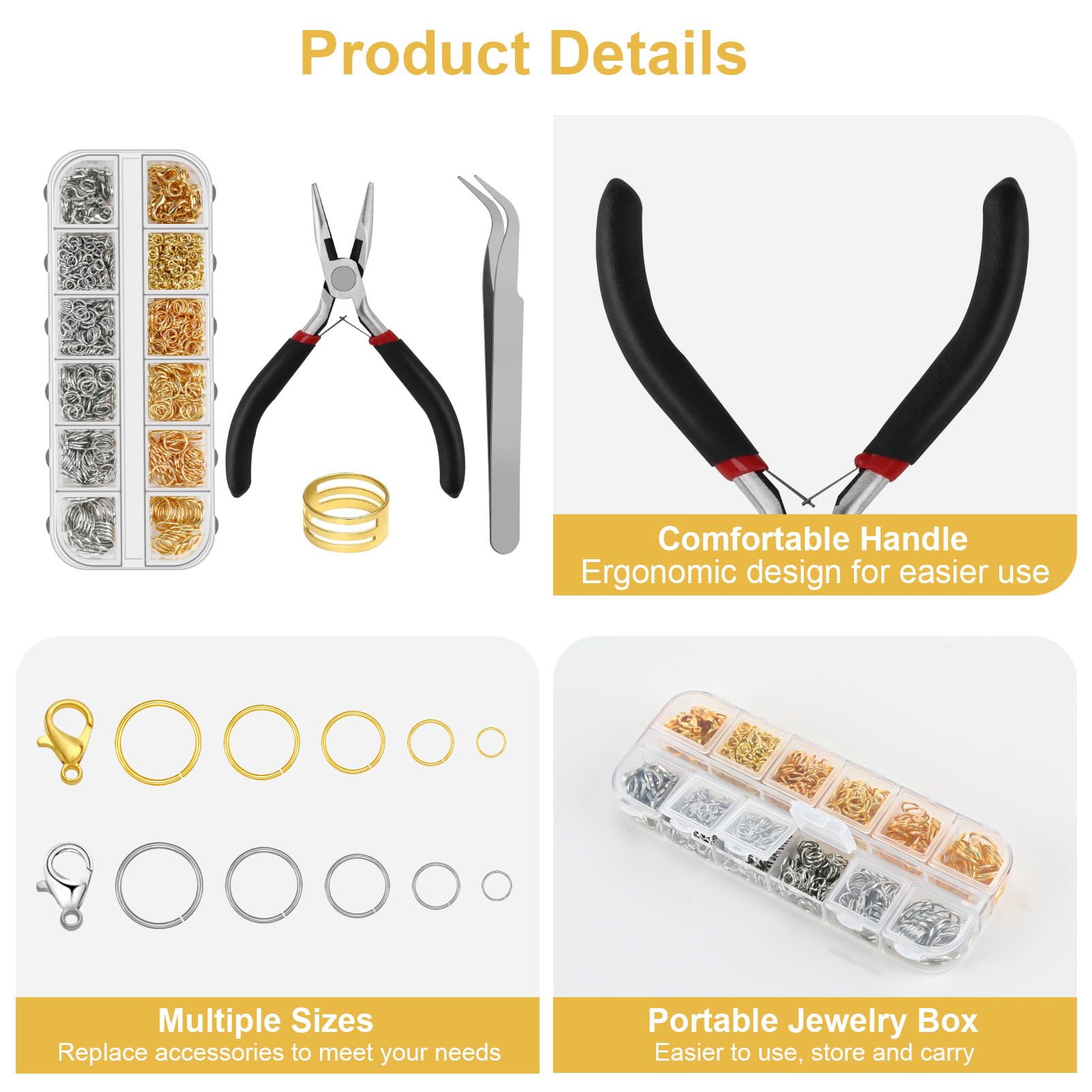 Kit Fabrication Bijoux - 1443 Pièces Anneaux Saut Or/argent + Outils DIY