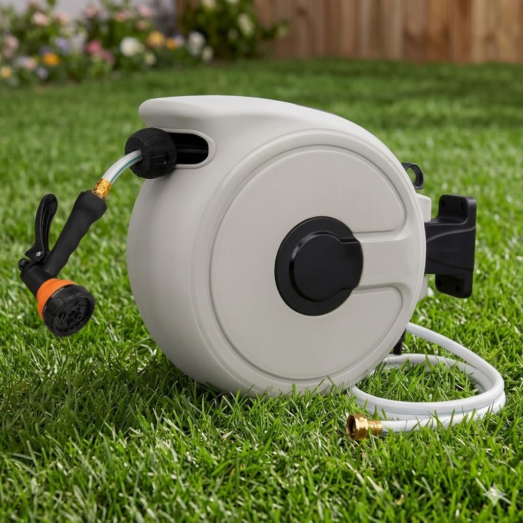 Fevone Retractable Garden Hose Reel 100 ft, Smooth Auto Rewind, No-Kink & No Jam, Wall Mounted with 180° Swivel, Easy Install Heavy Duty Hose Reel for Garden & Yard