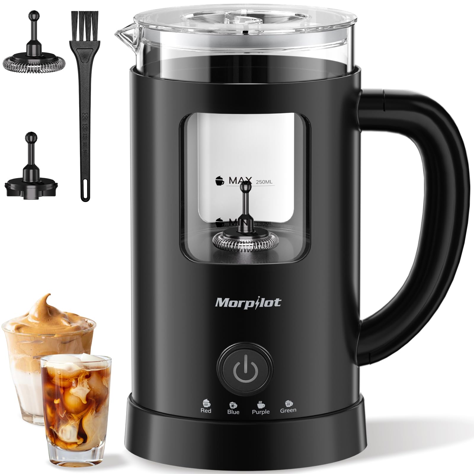 Morpilot Montalatte elettrico, 130-600 ml, 550 W, montalatte 4 in 1, per acqua calda e fredda, vetro visivo, design latte, nero