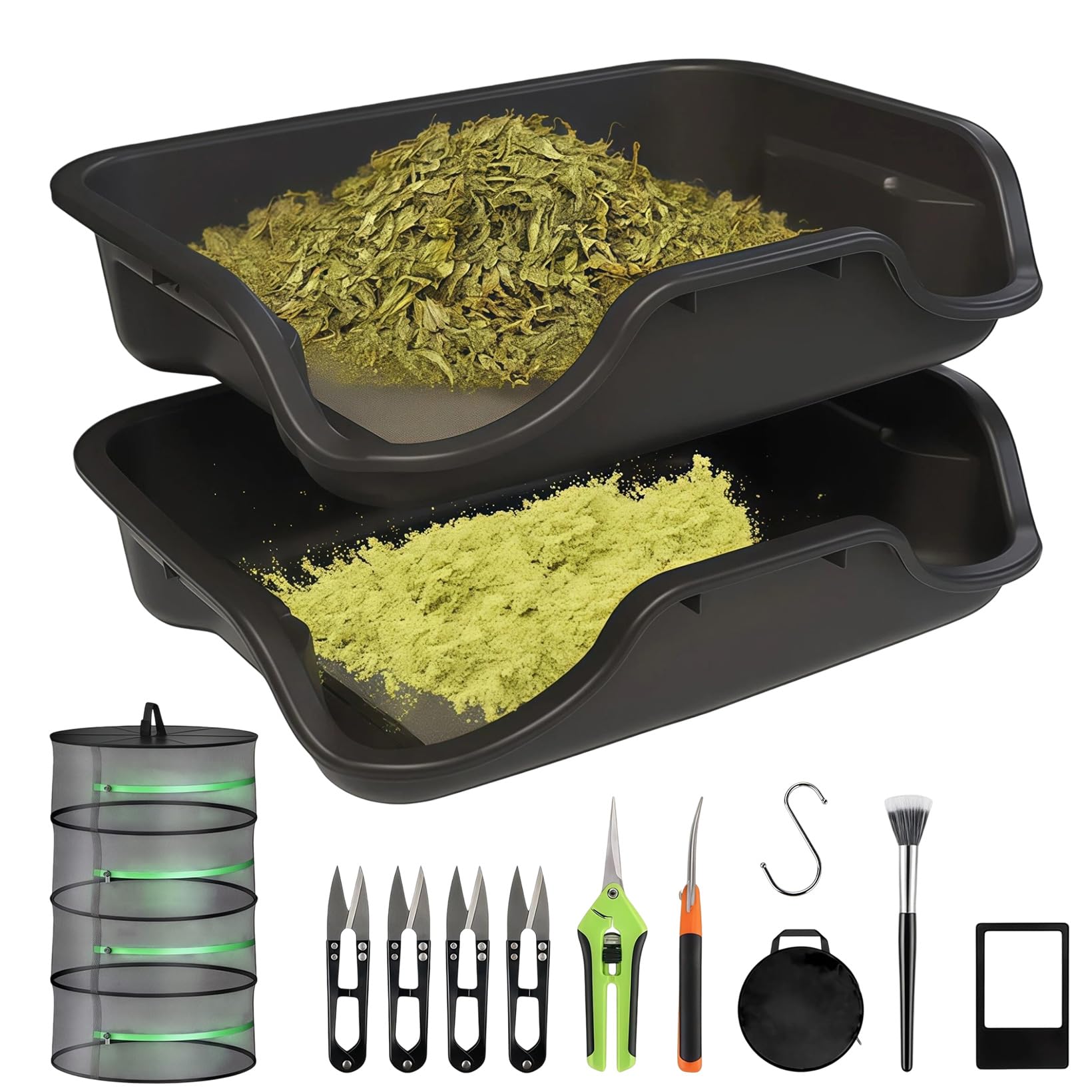 Trim Tray Bin Bac de coupe avec tamis à pollen de 150 microns, 2 ciseaux, 4 ciseaux de coupe, brosses, loupe et filet de séchage à 4 niveaux pour pollen et filtre à herbes