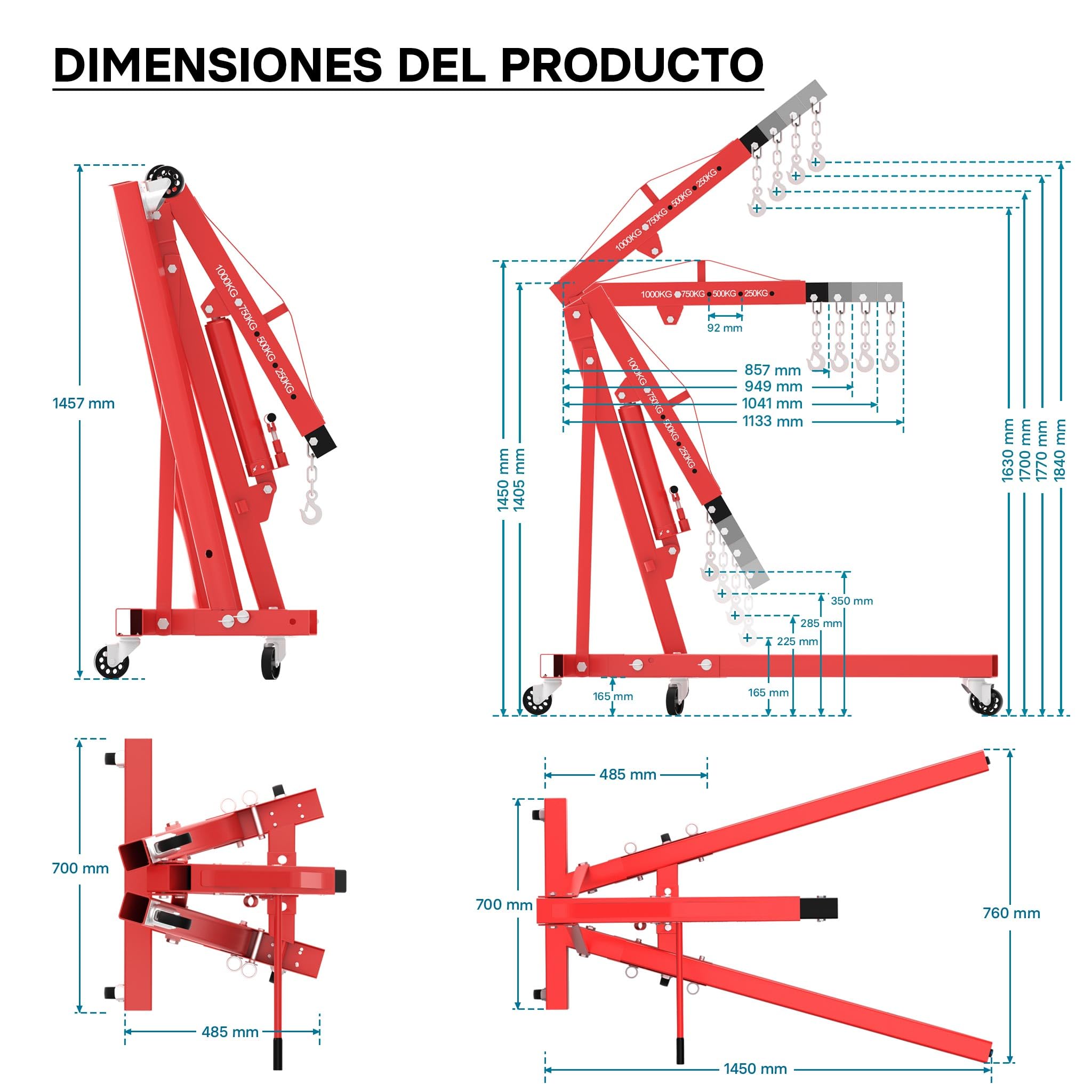 Grúa de Taller Plegable 1000kg Grúa elevación de Cargas Elevar Motores Brazo elevación 857-1133 mm