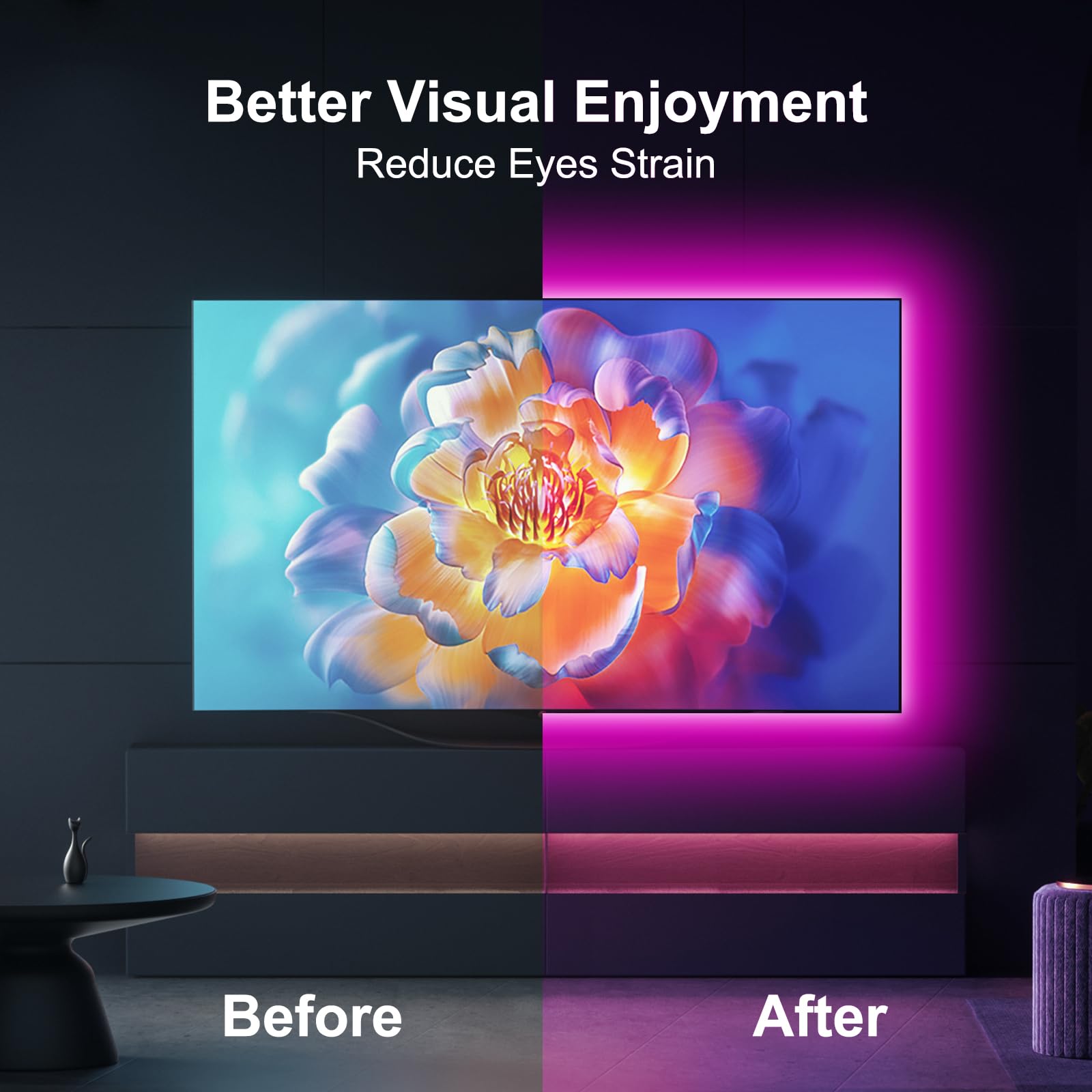 VOLIVO LED Lights for TV, 15FT Led Backlight for 45-65 inch TVs, Bluetooth RGB LED Lights Behind Television with Remote, USB Powered, Color Changing, Music Sync, for Gaming Room,Desk,Under Table