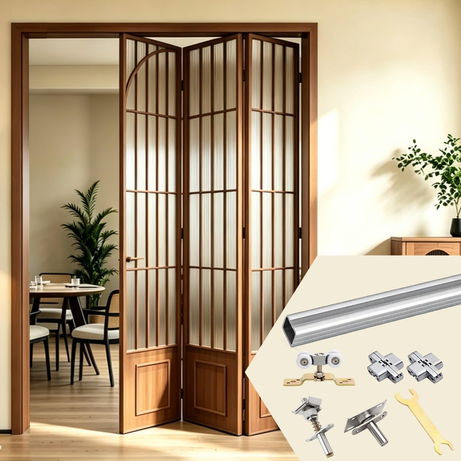 Sliding Bi-Fold Door Track Hardware for Room Divider, Quietly Folding Door Track System with Single-Side Opening, 3 6 9 13 ft Bifold Door Rail(3 doors,190cm/74.8in)