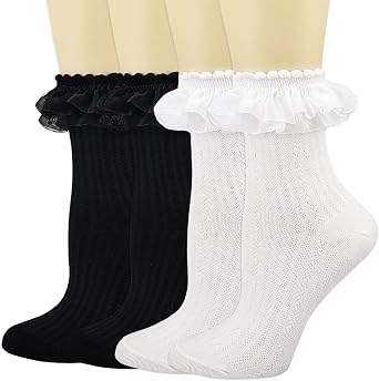 BIVOLU Womens Crew Socks Lace Ruffle Frilly Cotton Cute Princess Ankle Dress Socks for Girl 4 Pack