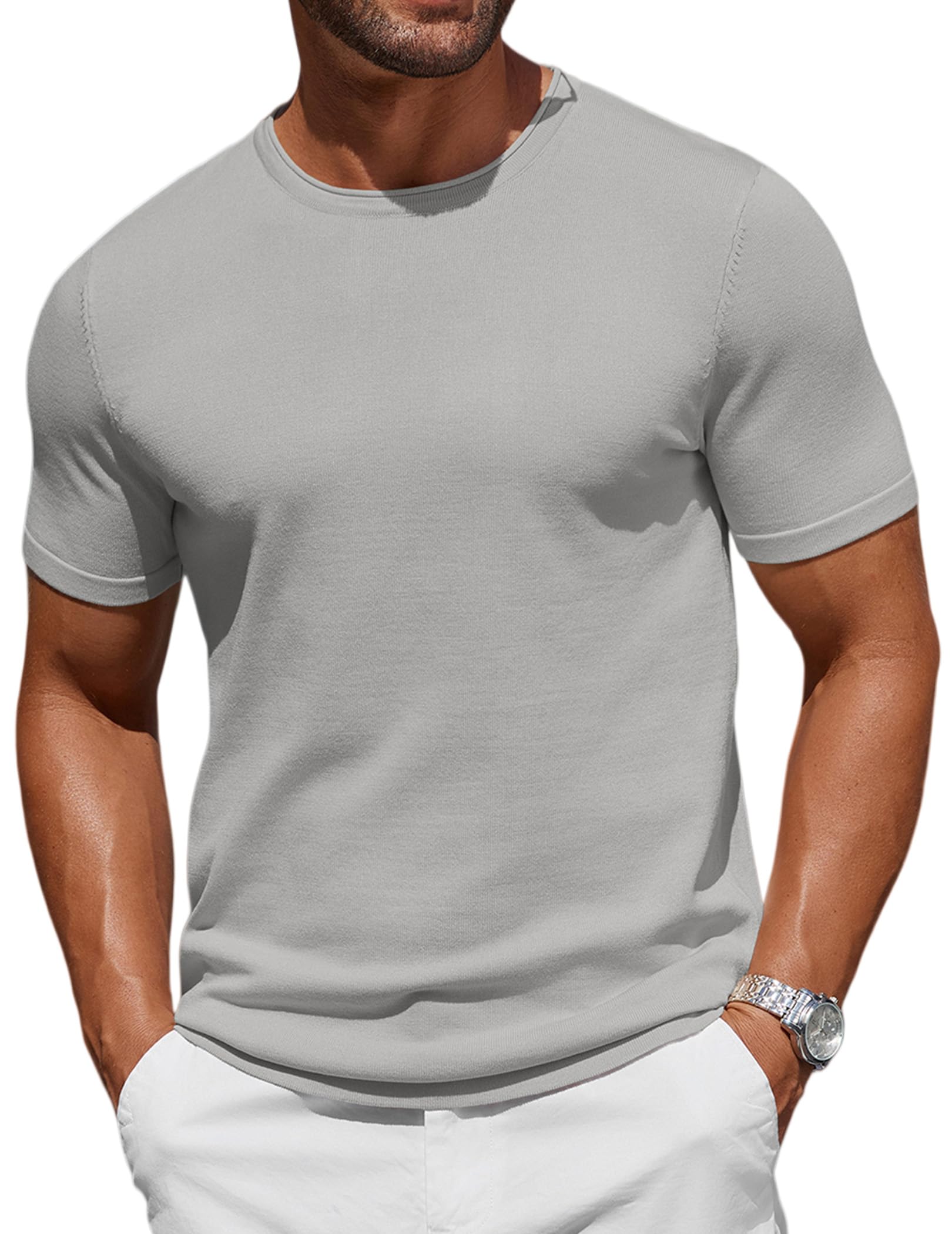 COOFANDY T Shirts Herren Strick Kurzarm Sommer Casual Tshirts Rundhals Hellgrau XXXL