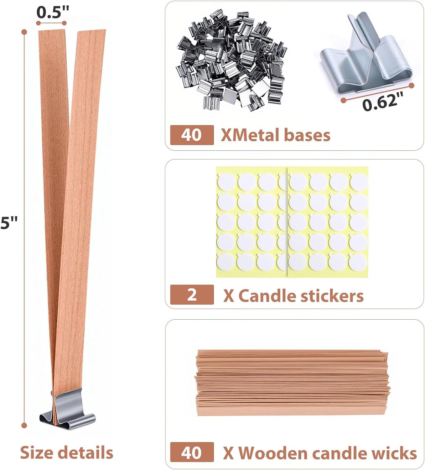 120Pcs Wood Candle Wick Kits for Candle Making, 40 Sets