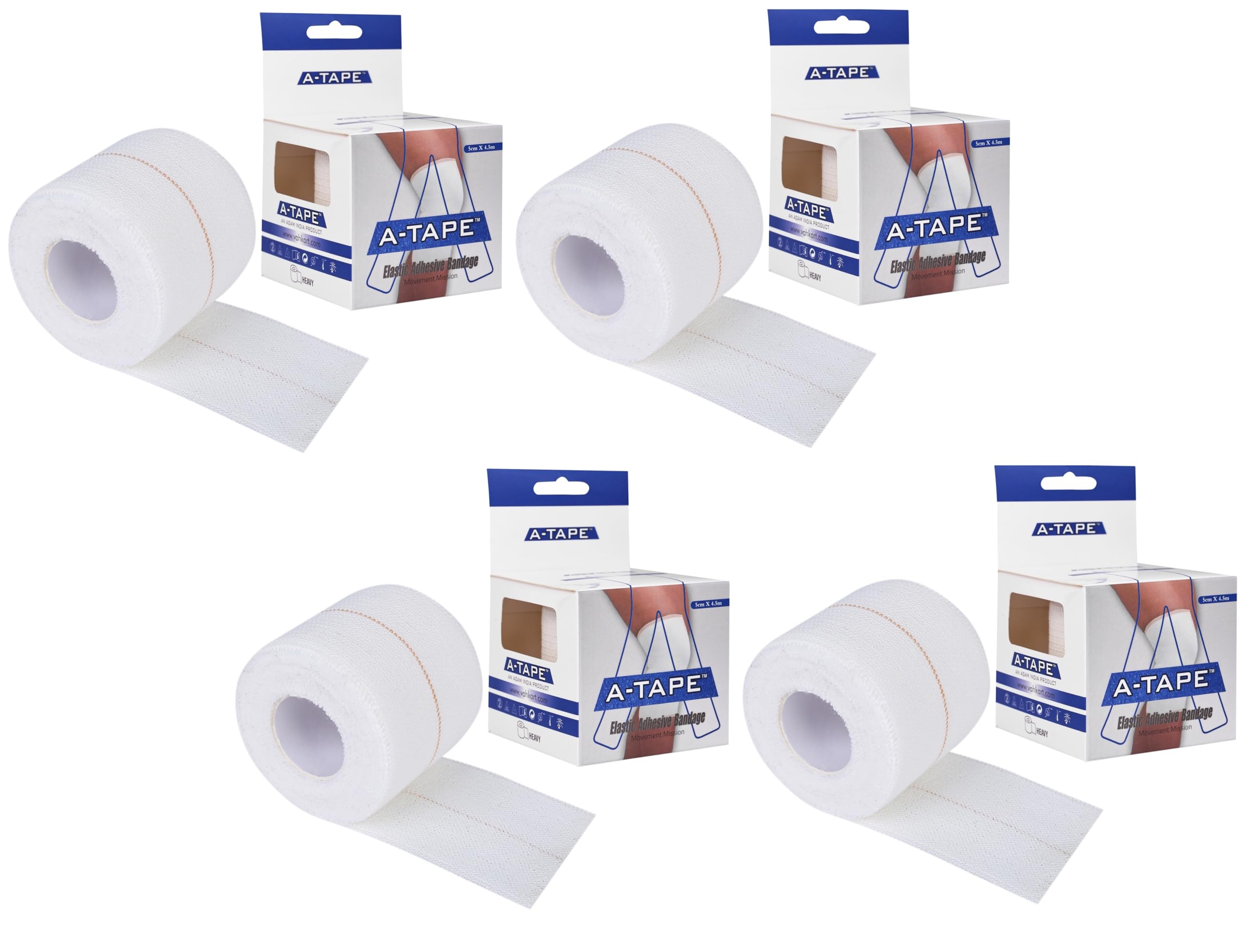 A-TAPE Cotton High Elastic Adhesive Bandage (5cm X 4.5m) - Provides Compression, Support and Recovery - 4 Pack