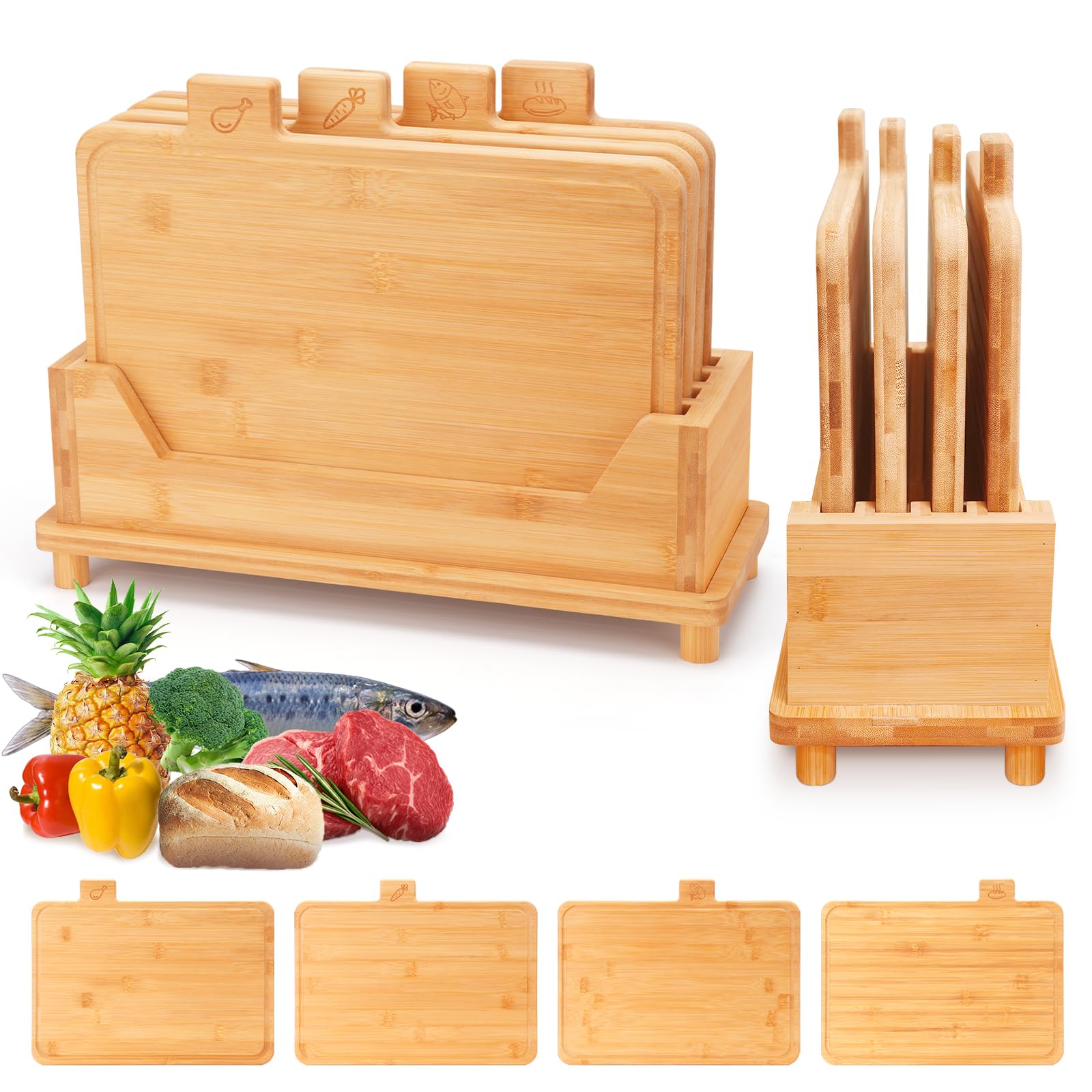 Set di 4 taglieri grandi in bambù, con supporto, con icone del cibo e scanalatura per succhi, ideale per carne, pesce, pane e verdure
