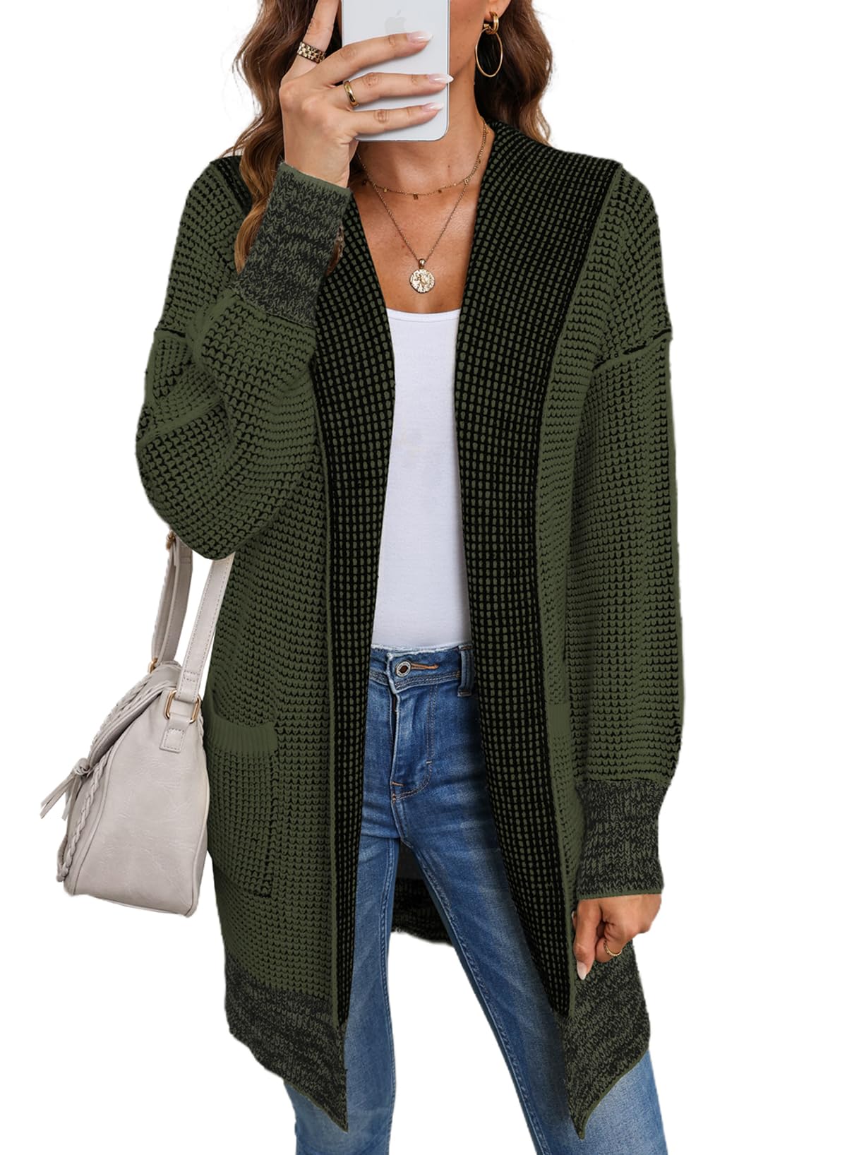 Sidefeel Cardigan Sweaters for Women Open Front Fall Outfit Blackish Green Large