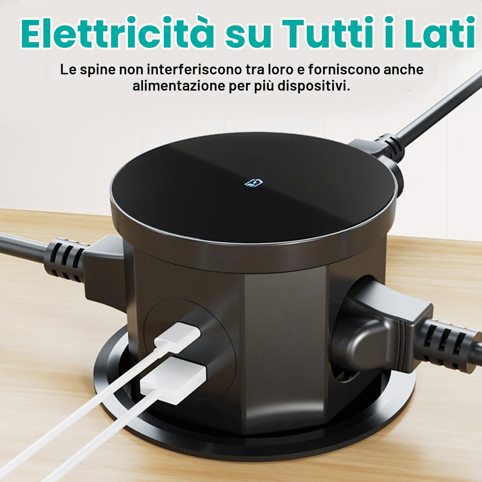 Presa Telescopica,PPresa a Scomparsa 3 Scomparti con 1 USB C 1 USB-A 2500W 16A Cavo Da 1,5M, Ciabatta Per Caricabatterie Wireless Da 15W, Adatta Per Piani Di Lavoro, Cucine, Uffici