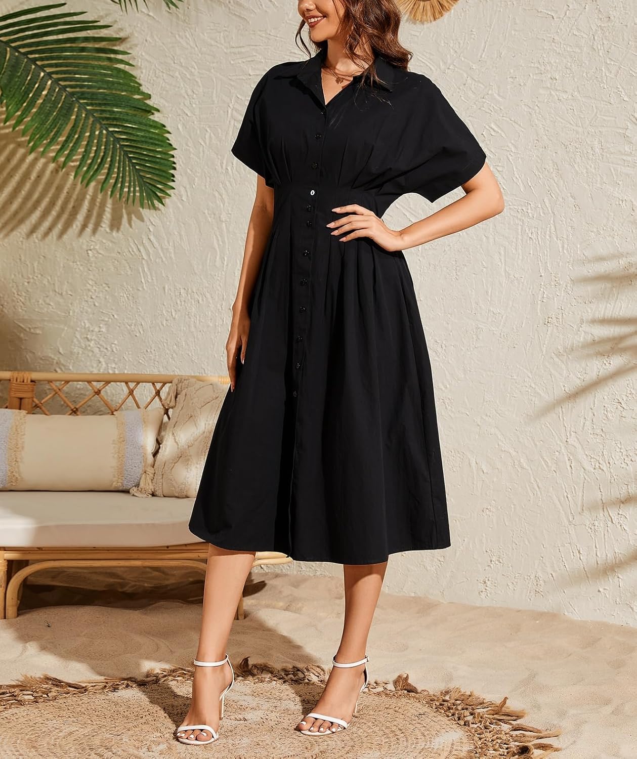 LADYFUL Womens Button Down Shirt Dress Short Sleeve Midi Dress Casual Summer Elegant Formal Long Maxi Shirtdress - Image 3