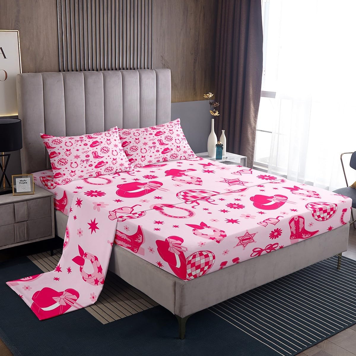 Erosebridal Kids Western Bow Top Fitted Sheet, Cute Bowknot Bed Sheets Full Size for Girls Boys Teens Adult Women, Western Boots Sheet Set Pink Dreamy Princess Bedding, Pink, Machine Washable