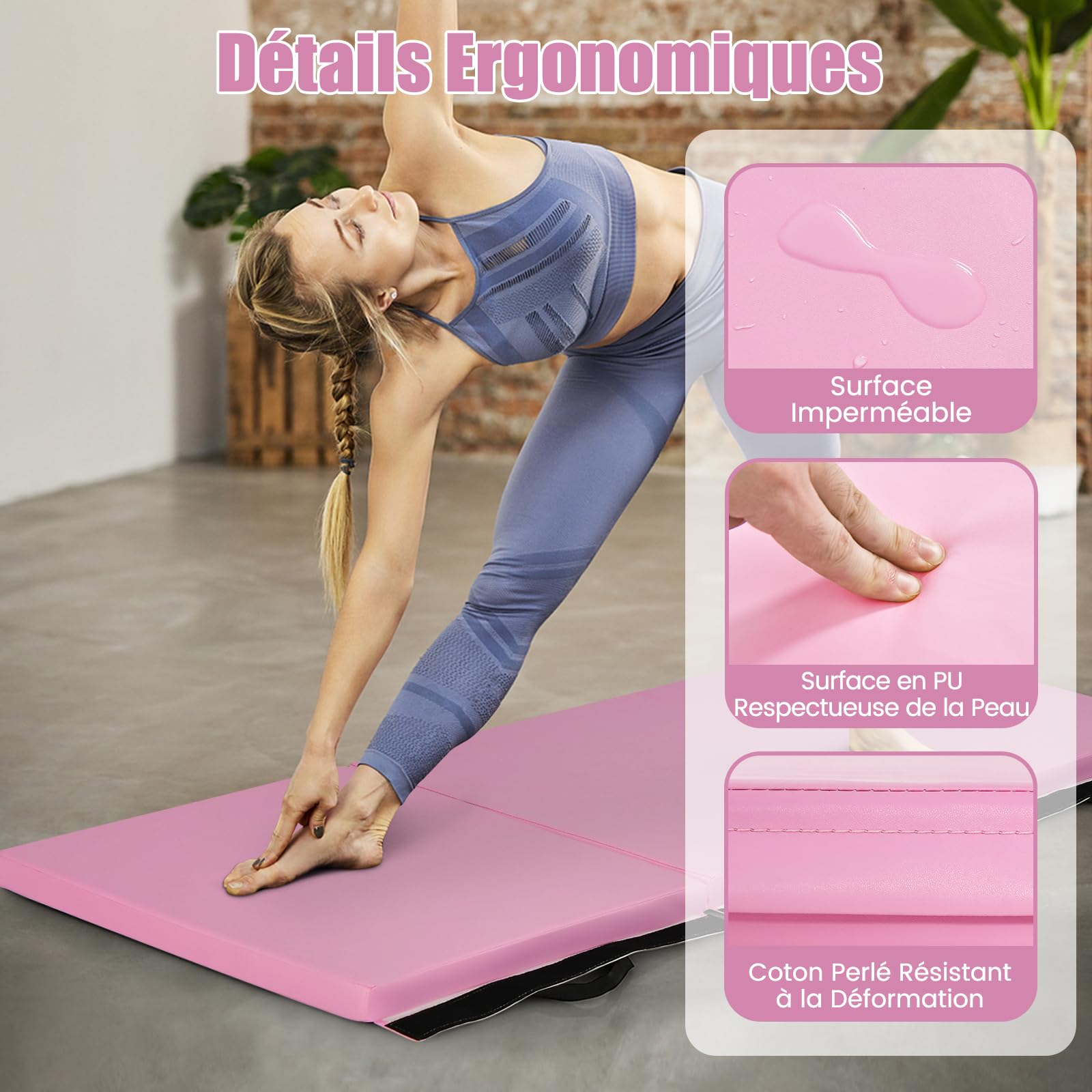 Tapis D'Exercice GYMAX Pliable 3 Volets - 180x60cm | Housse Cuir PU, 5cm Épaisseur