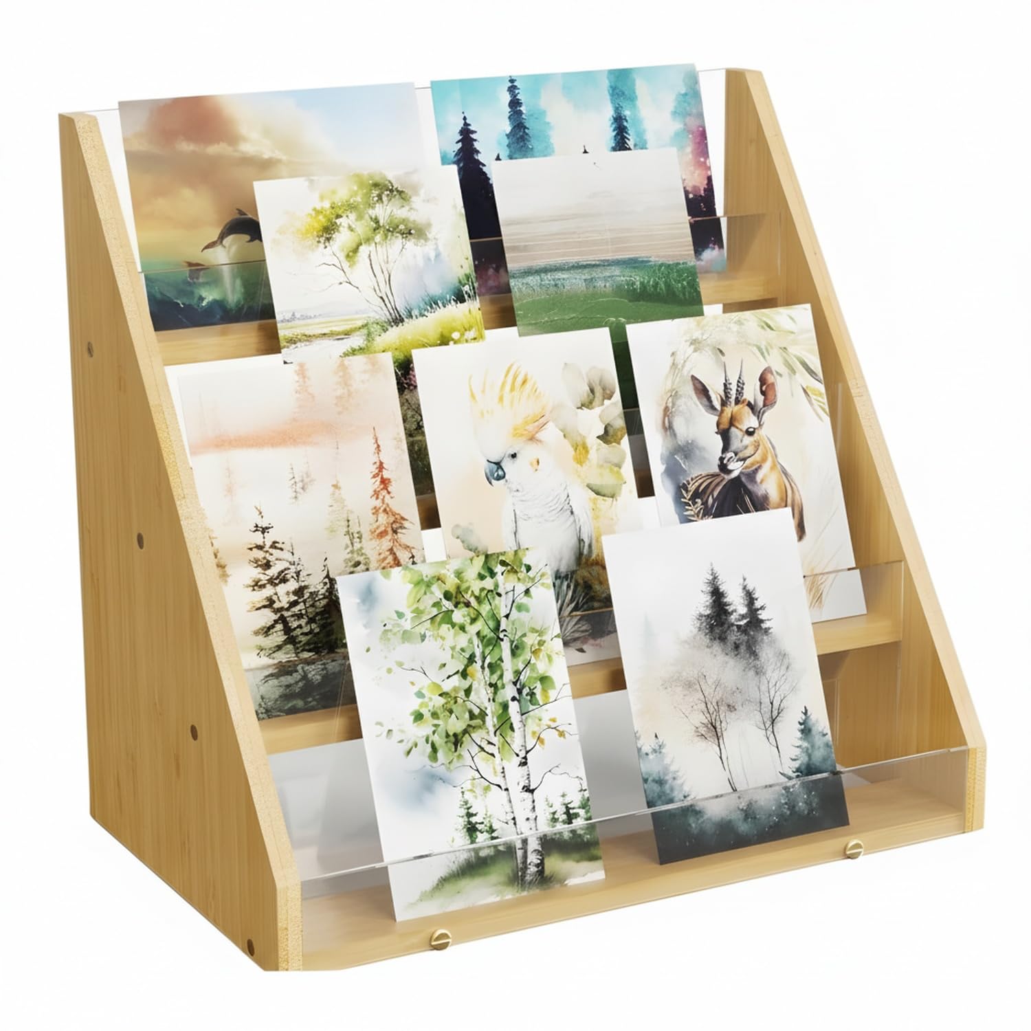 Espositore a più livelli, organizer da scrivania in bambù naturale con bordi in acrilico trasparente, perfetto per cancelleria da ufficio e spezie da cucina, soluzione di archiviazione a 3 livelli