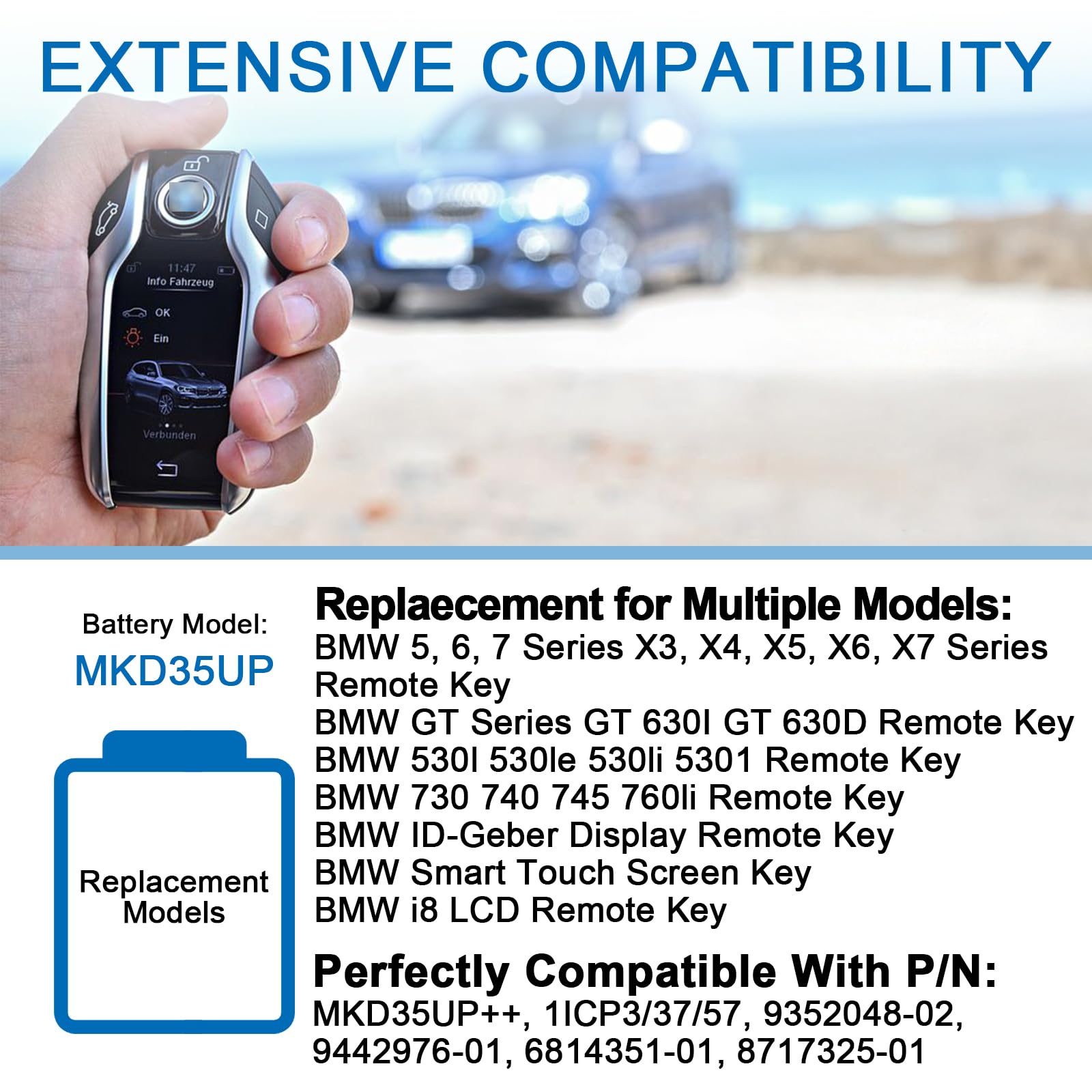 MKD35UP Batterie de rechange pour clé à distance BMW 5 6 X3 X5 X6 Series, 530le 530li 5301 730 740 745 760li i8 LCD Remote Key, GT 630I/630D Écran de donneur d'identification 3,7 V 1ICP3/3 7/57