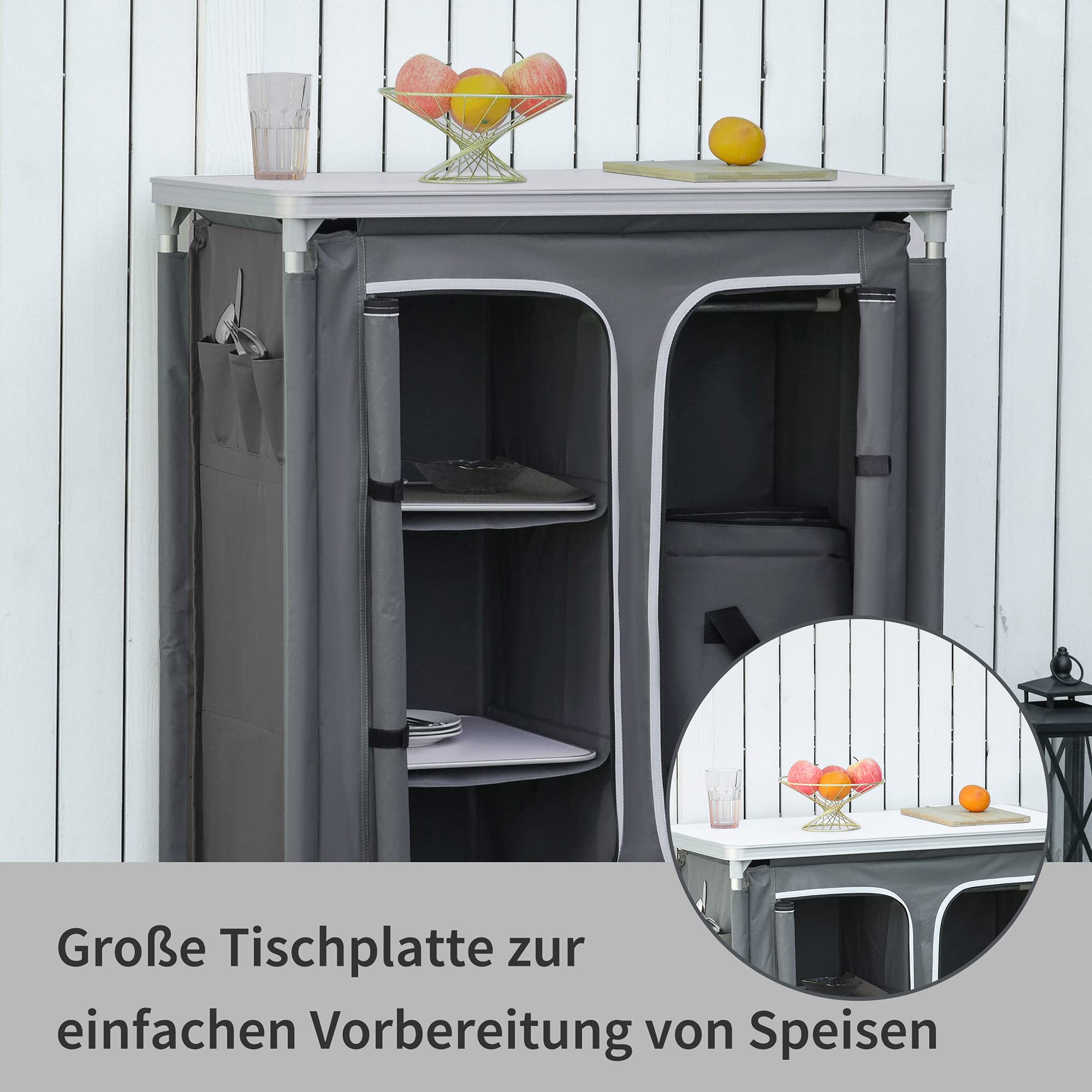 Outsunny Campingschrank Küchenbox tragbar mit Arbeitsplatte Tragetasche 3 Ablagen 1 Schrank 600D Oxford Stoff Grau 96 x 49,5 x 104 cm
