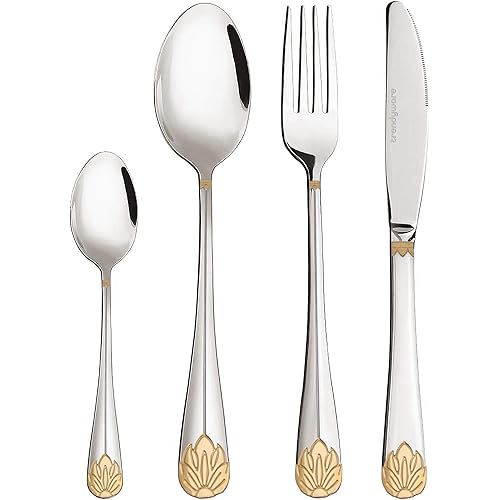Silverware Set Limited Edition – 24 Piece Dinnerware Set – Flatware Set for 6 – Silver Tableware Set w/Gold Accents – Great for Family Gatherings & Daily Use – Spoons, Knives, Teaspoons, Forks
