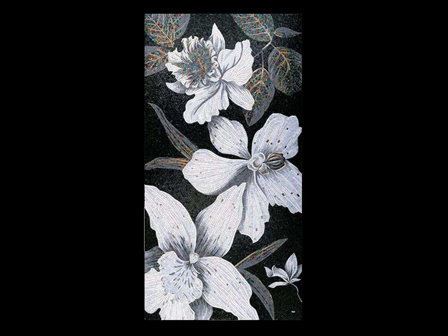 Handmade Magnificence in White Glass Mosaic Wall Art, White Flower Tile Mosaic Mural, Hand-Cut Natural Tesserae Botanical Wall Décor