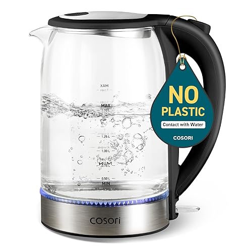 Glass Tea Kettle & Hot Water Boiler For Coffee & Tea, Water Heater & Teapot, Automatic Shut Off, Borosilicate glass, Black, 1500W - Classic Black - 1.8 Quarts - No Plastic Glass Kettle