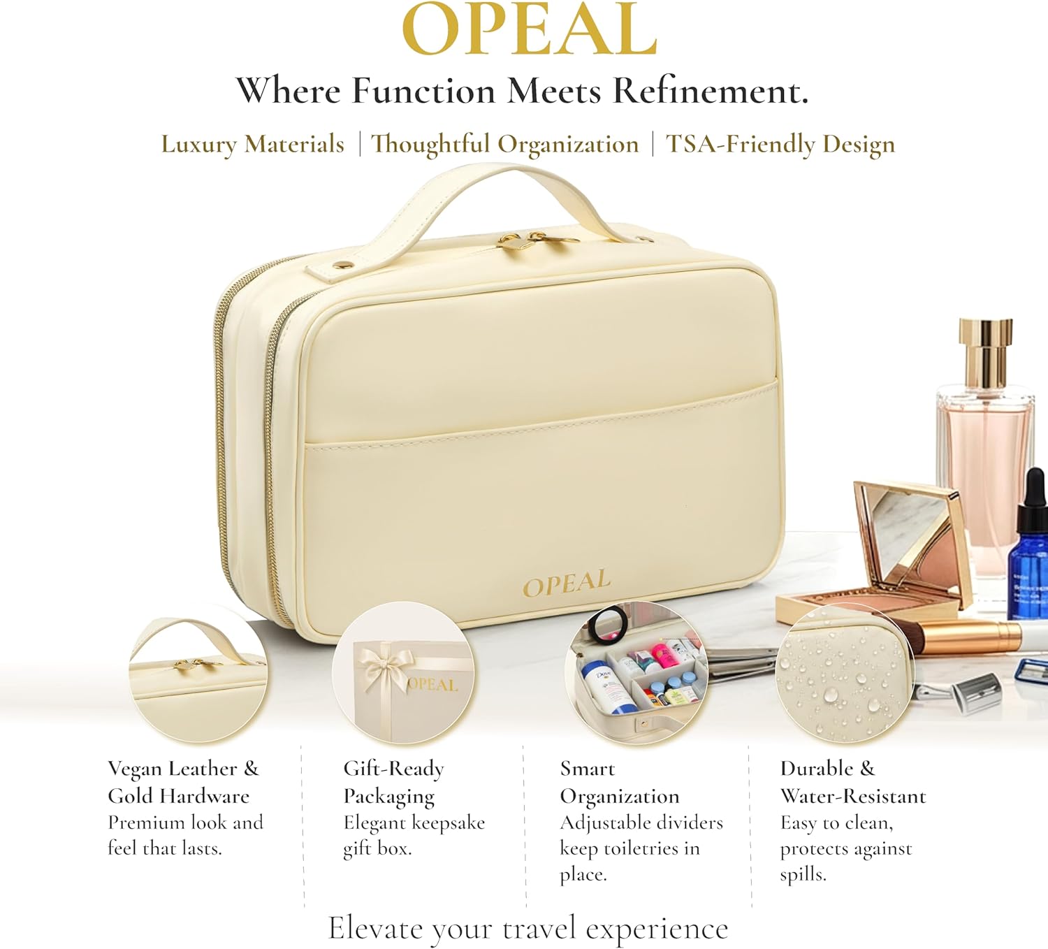 Travel Makeup Bag Organizer for Women – Large Makeup Bag with Compartments, Waterproof Vegan Leather Toiletry Bag, TSA Friendly Cosmetic Travel Bag, Gift Box Included, Cream Beige