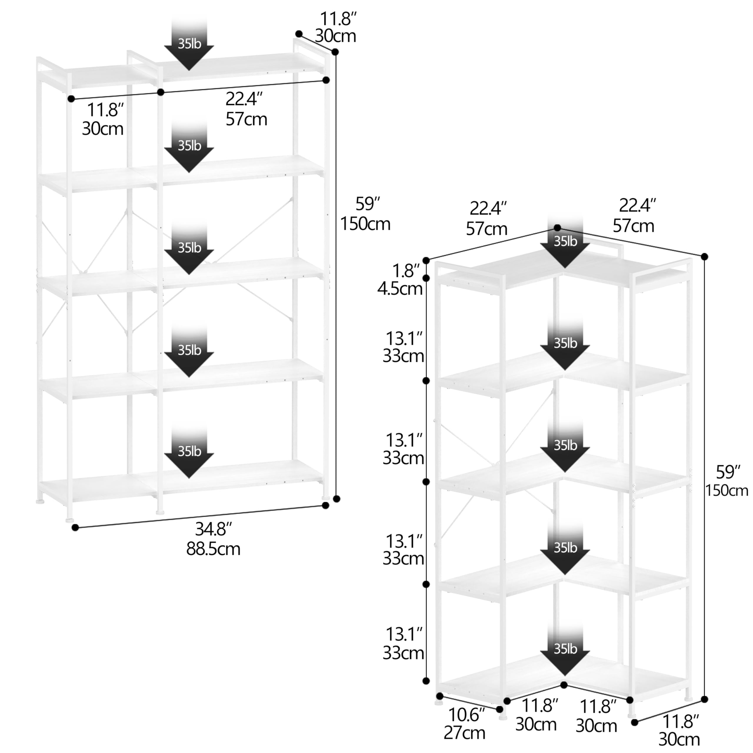 VEDECASA - Scaffale angolare a 5 ripiani, grande, 5 livelli, alto, da terra, moderno, per angolo, in metallo con telaio, ripiani aperti, per soggiorno, camera da letto, ufficio, bianco