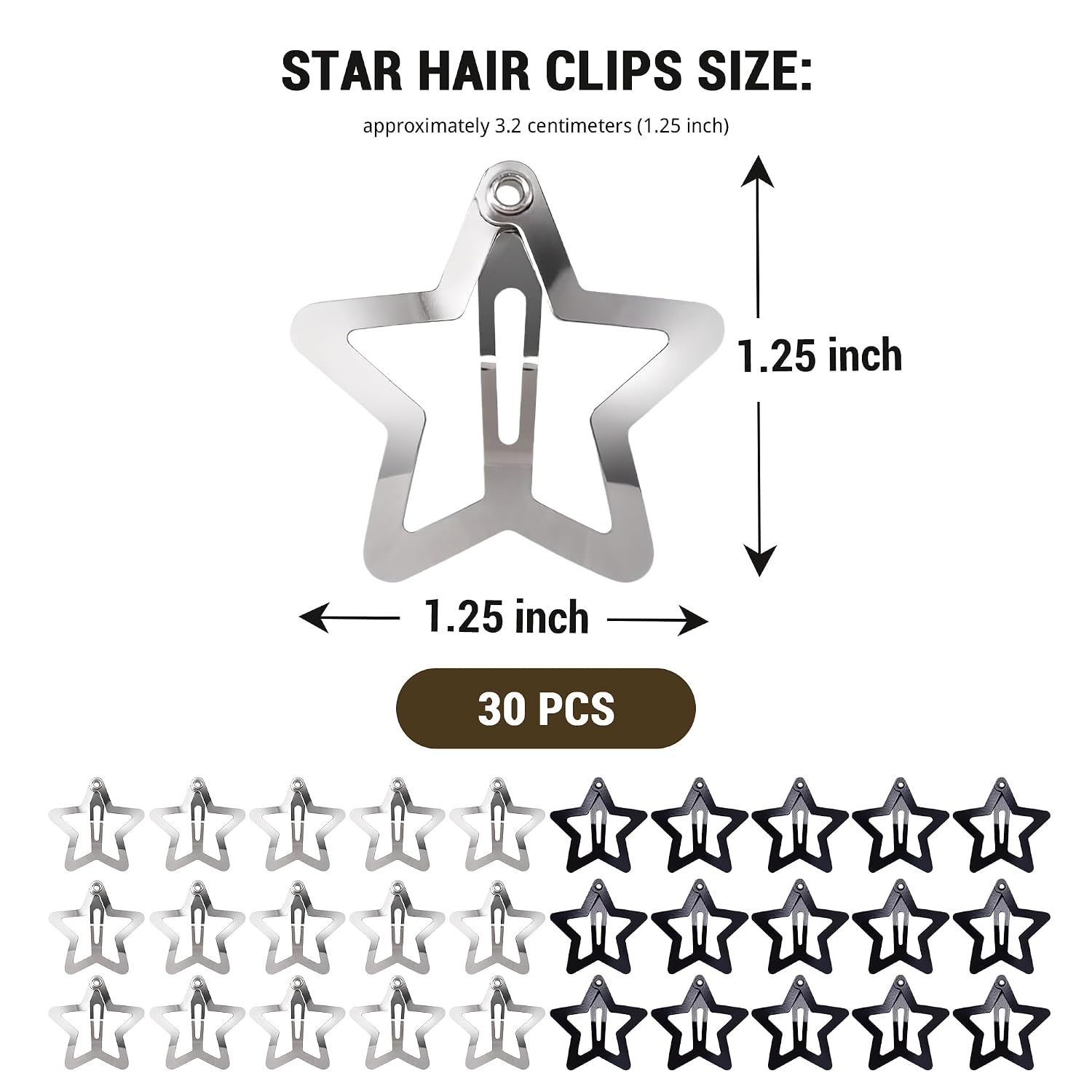 30 Pcs Metal Star Hair Clips 2000s Y2K Snap Barrettes 1.25 In Non Slip Star Hair Accessories for Women,Black Silver
