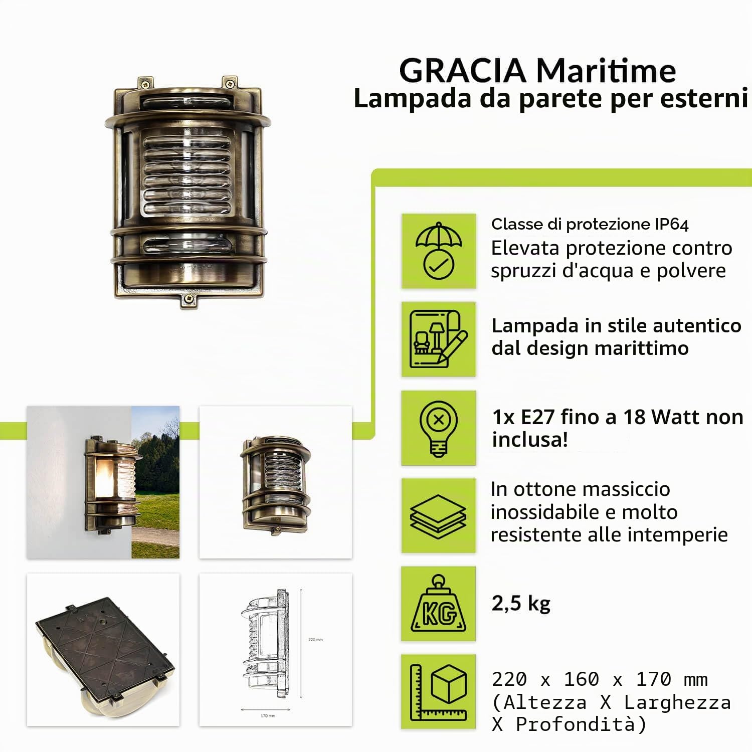 Licht-Erlebnisse Lampada da parete Gracia per esterni in ottone stile nautico applique retrò antica antiruggine IP64 E27 ideale per giardino, cortile, vialetto