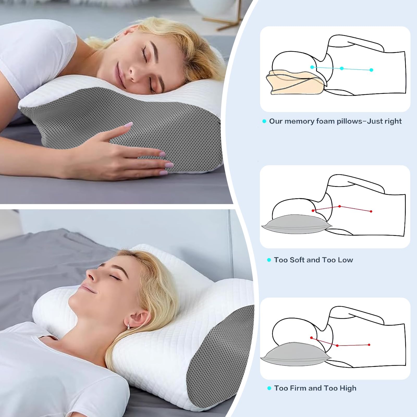 JINER Cuscino Cervicale per Dormire, Cuscino Ortopedico in Memory Foam, Cuscino Ergonomico Cervicale per Dormire sul Fianco con Federa Sfoderabile e Lavabile, 62x37x10/12cm