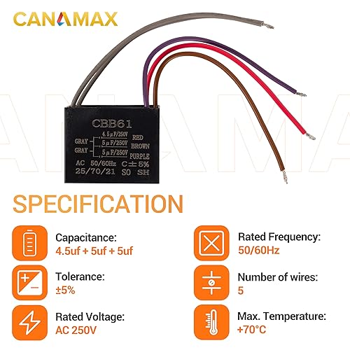 Miniatura 2 de Canamax Durable CBB61 5-Wire 4.5uf+5uf+5uf 250V AC 50/60Hz Condensador de ventilador de techo - Compatible con ventilador eléctrico Lavadora Bomba