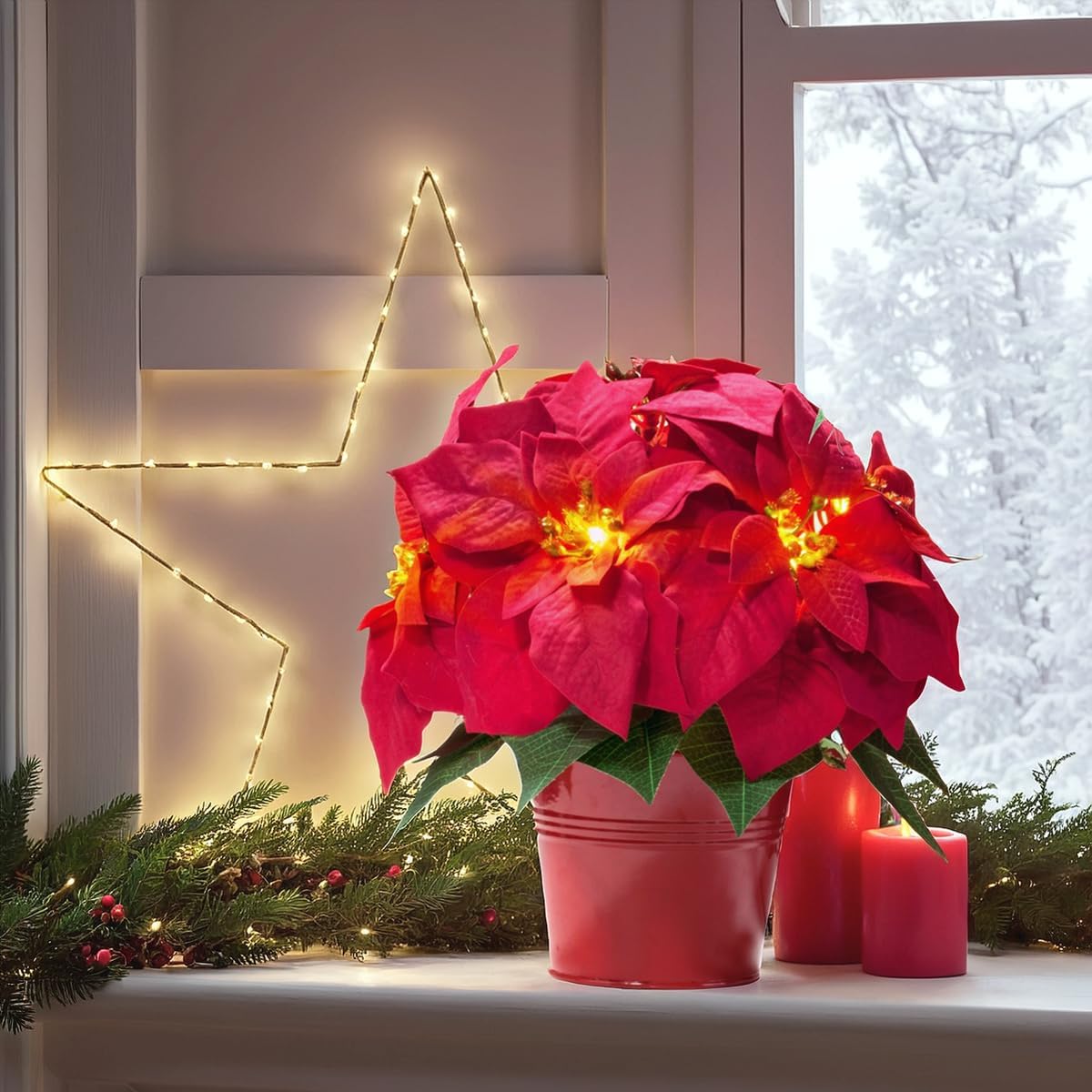 2 Pack 10" LED Lighted Artificial Poinsettias for Outdoors LED Poinsettia Flowers Artificial Faux Poinsettia Plants Poinsettia Christmas Decorations for Holiday Home Kitchen Decor - Image 7