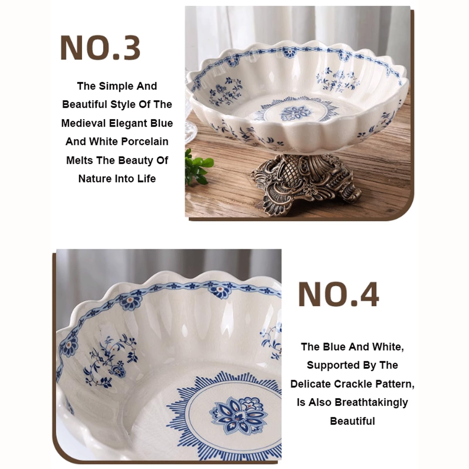 Ciotola da Frutta in Porcellana Blu e Bianca con piedistallo, Piatto da Portata in Ceramica, Ciotola Decorativa con piedistallo, Decorazione in Stile Chinoiserie per Il Piano del s