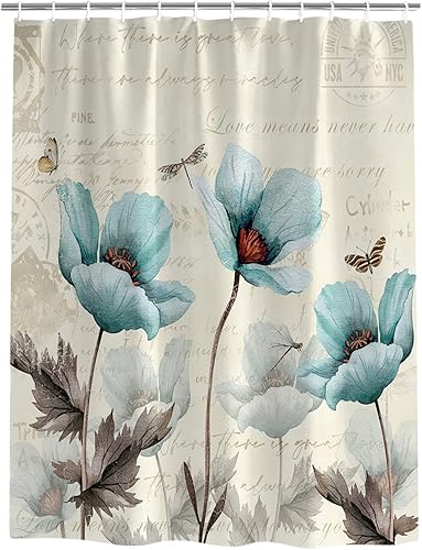 Miniatura 2 de Cortina de ducha impermeable, diseño retro, con 12 ganchos, diseño floral, mariposa, libélula, con 12 ganchos, cortinas de baño para casa rural,