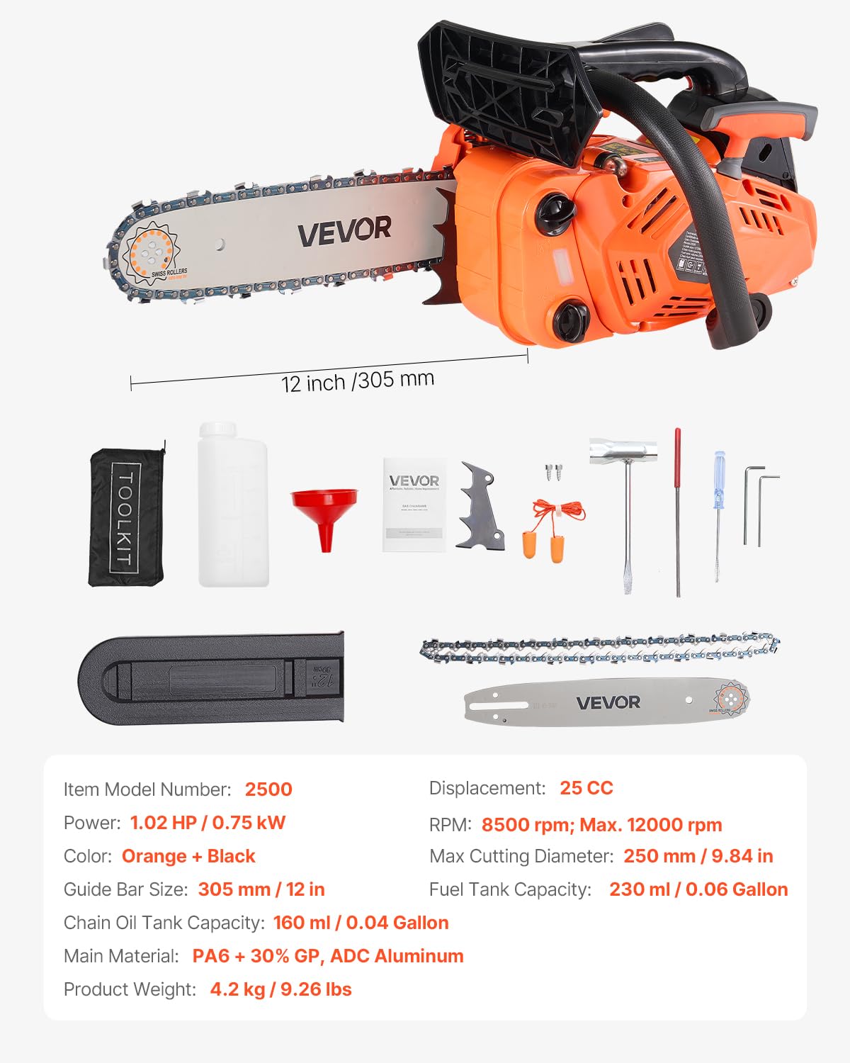 VEVOR Motosierra de Gasolina de 305 mm, Motosierra de Gasolina de 25 cc, 1,02 HP con Mango Antideslizante, Doble Depósito de Combustible, Ideal para Cortar Madera, Podar Árboles y Limpiar Terrenos