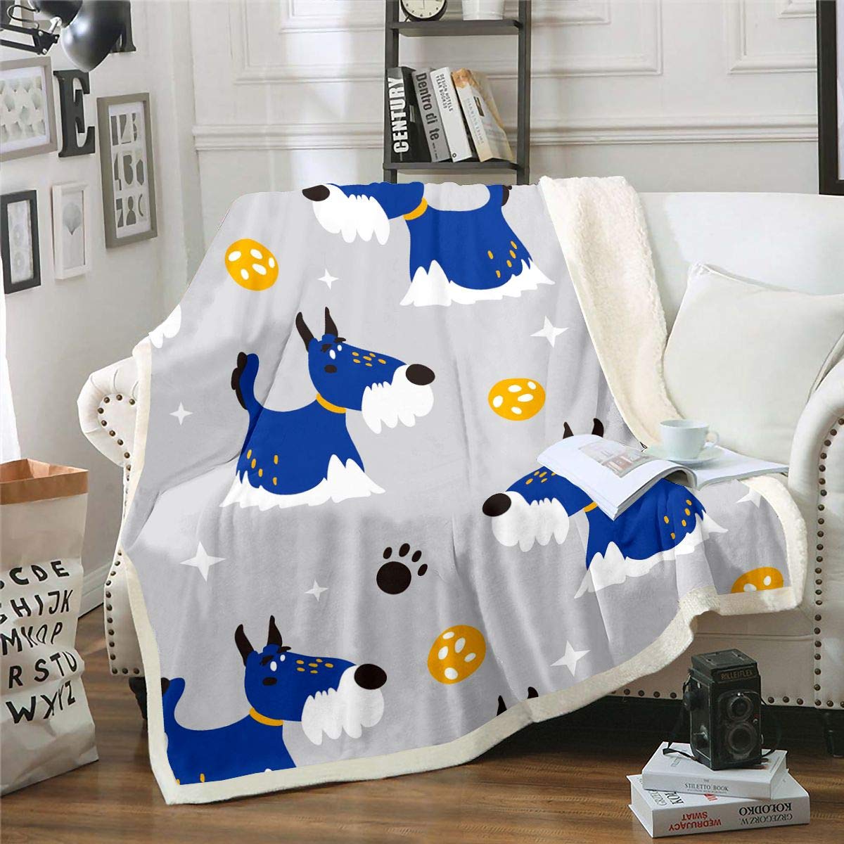 Cute Dog Fleece Throw Blanket - Blue Puppy Sherpa, 3D Dog Pattern, Plush, Gray Fuzzy for Sofa, Bed, Kids, Boys, Girls, Adults, Teens, 30x40 Inch