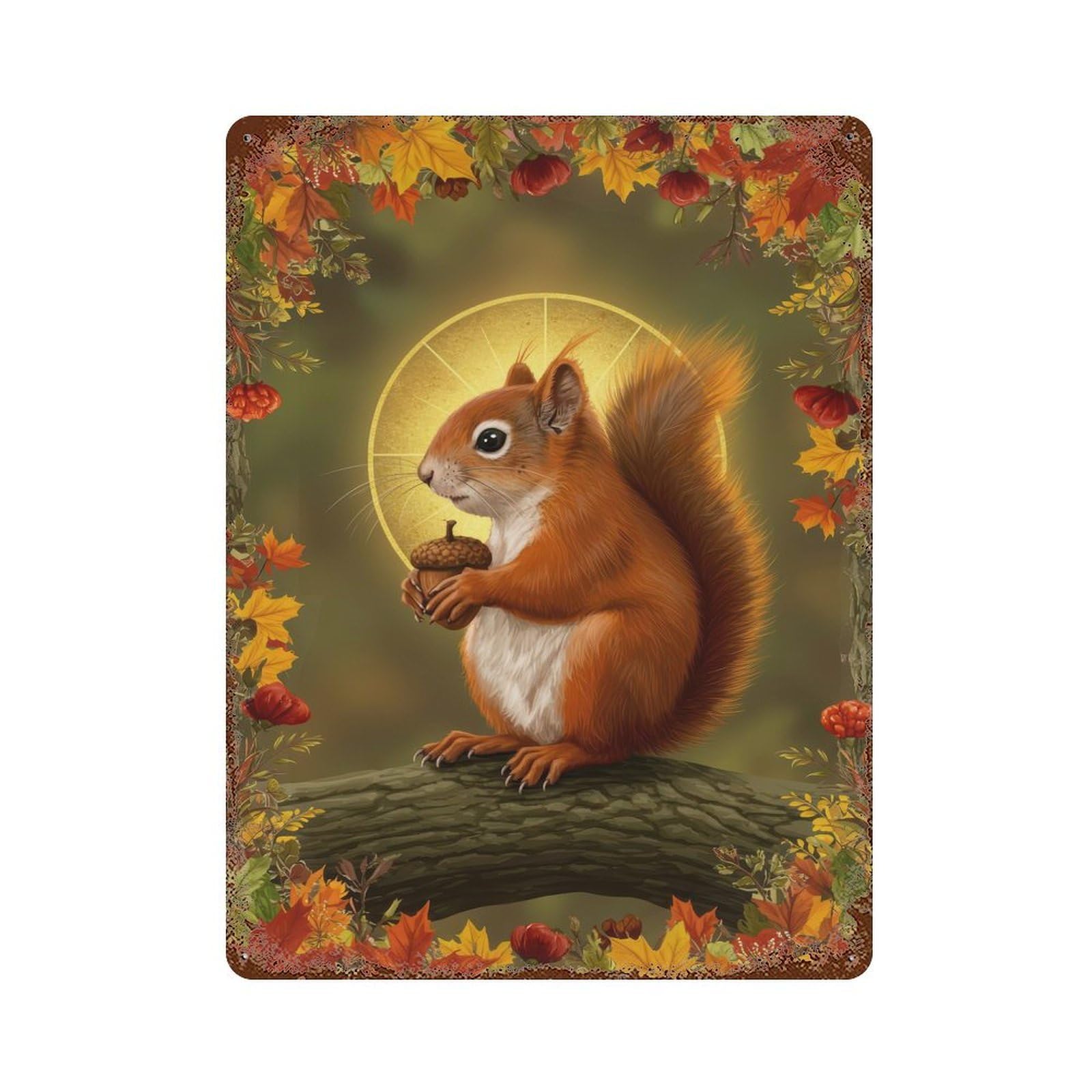 Aged Metal Wall Plaque with Squirrel with Acorn in Autumn Frame Design 15.7"x11.8", for Farmhouse, Kitchen And Entryway Decor, Retro Wall Decor