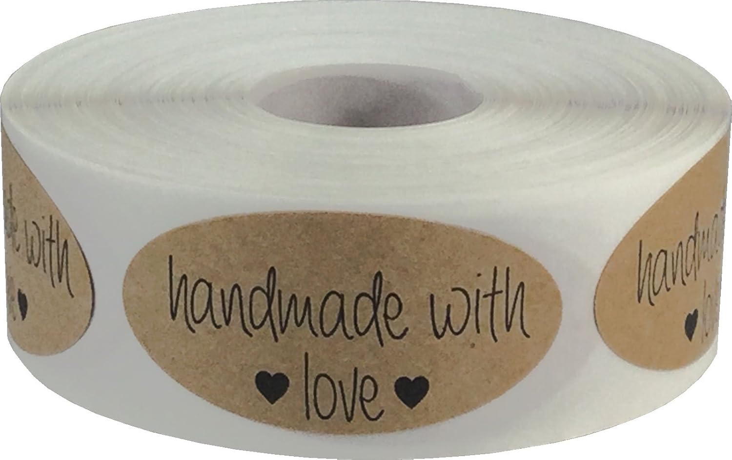 Brown Kraft with Black Handmade with Love Oval Stickers, 2 x 1 Inch in Size, 500 Labels on a Roll