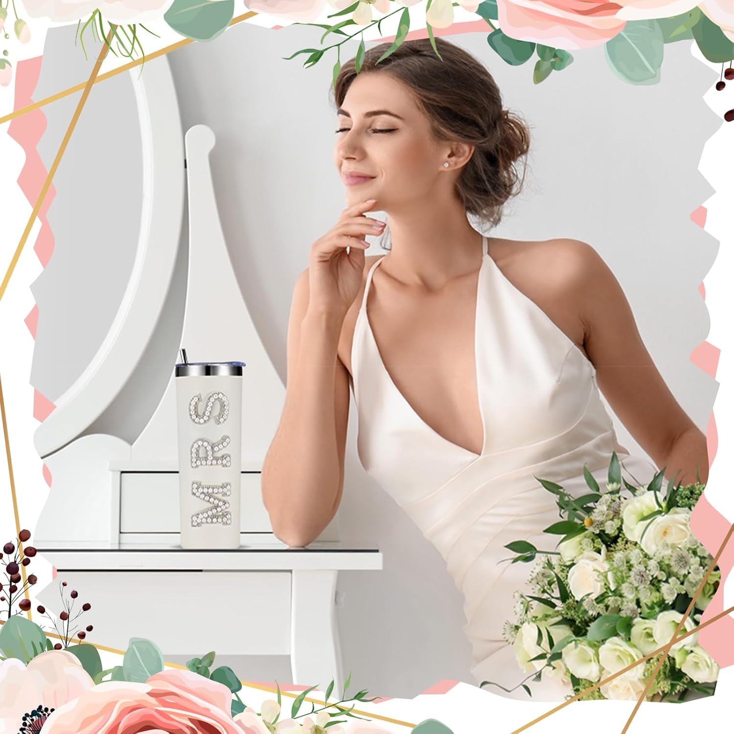 Zhehao Bride Cups Tumbler 20 oz Bachelorette Gift for Bride Tumblers Stainless Steel Mrs Cup with Lid Straw Bridal Gifts Mrs Water Bottle for Bridal Shower Engagement Party(White,Pearl) - Image 5