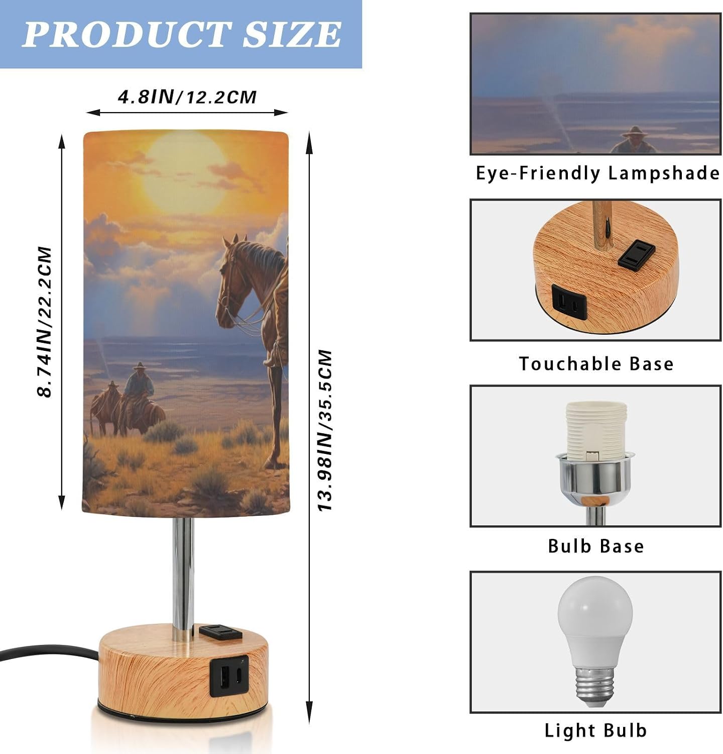 FRMG Western Cowboy Touch-Sensitive Bedside Lamp with a Wood-Grain Metal Base, Three-Level Dimming, No Installation Required A2012121