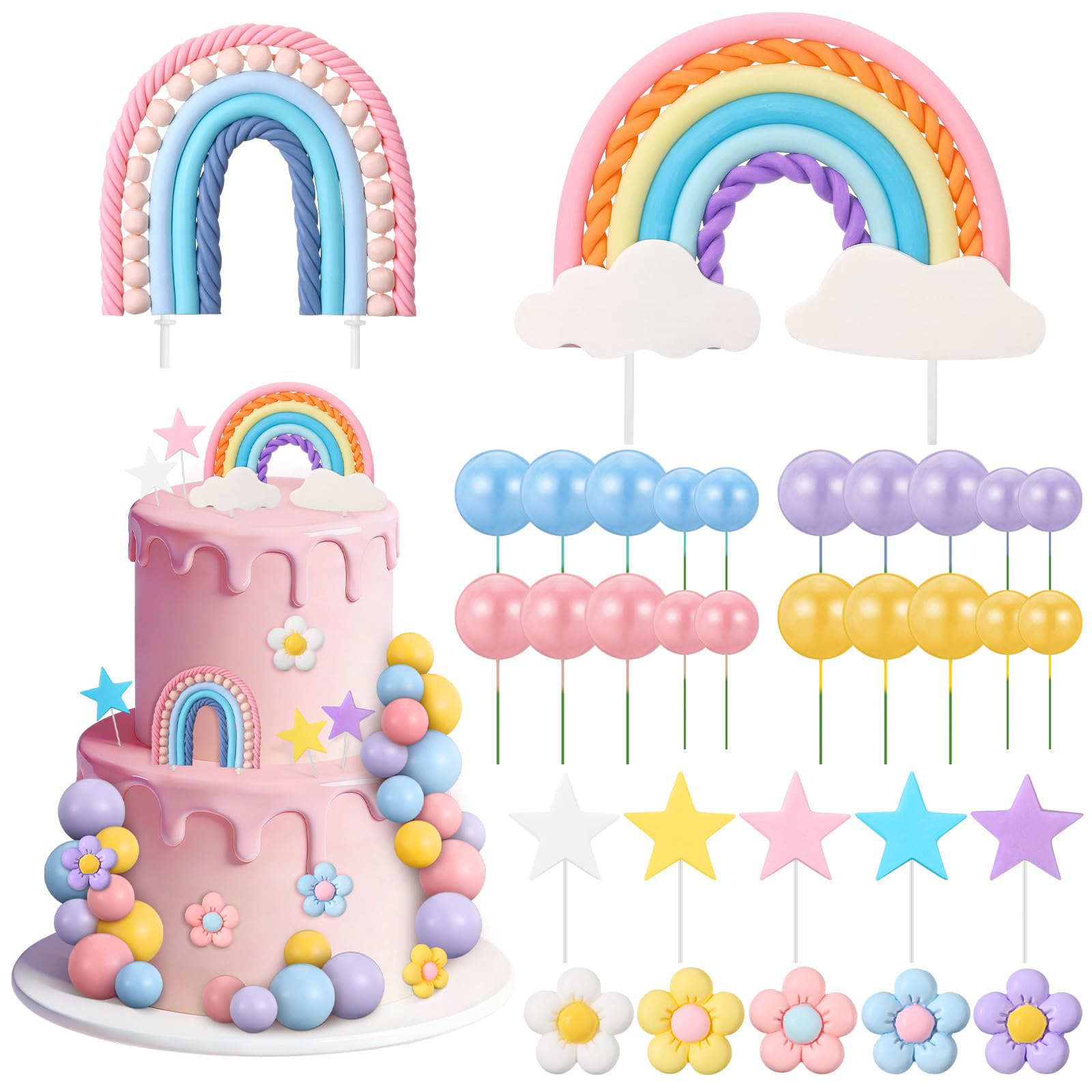 Tazuxetuqe 32 Pcs Rainbow Cake Topper with Flower Star Cupcake Toppers Pastel Balls Cake Topper, Boho Groovy Cake Decorations for Birthday Wedding Party