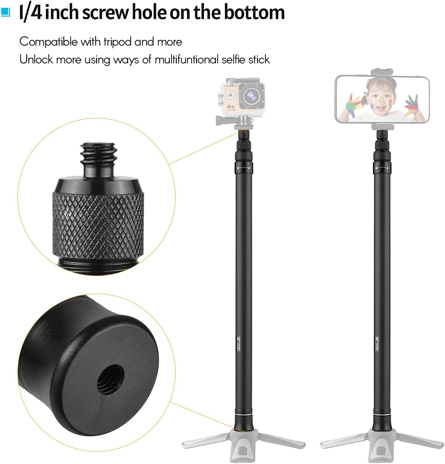 Andoer 1.5m/ 4.9ft Carbon Fiber Selfie Stick Adjustable Extension Pole with 1/4 Inch Screw Replacement for Insta 360 One X/ One X2/ One R Panoramic Camera Action Camera