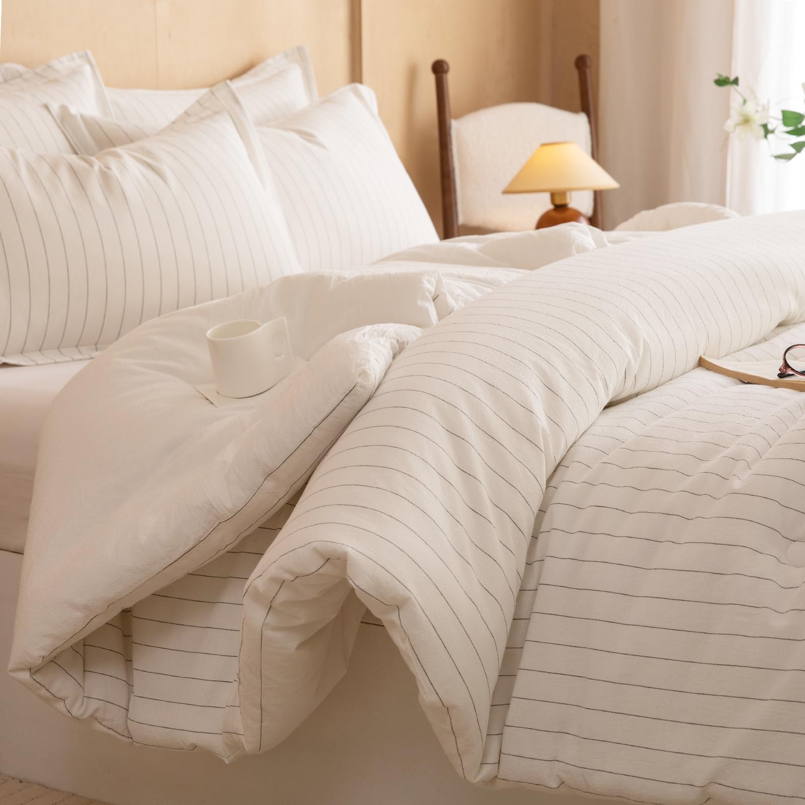 Photo 1 of LLanCL Cotton Stripe Comforter Set King Size,100% Cotton Cover with Polyester Fill,Ultra Soft,Breathable,Lightweight Bedding for All Seasons,1 Comforter 104"x90" & 2 Pillow Shams 20"x36"(White)